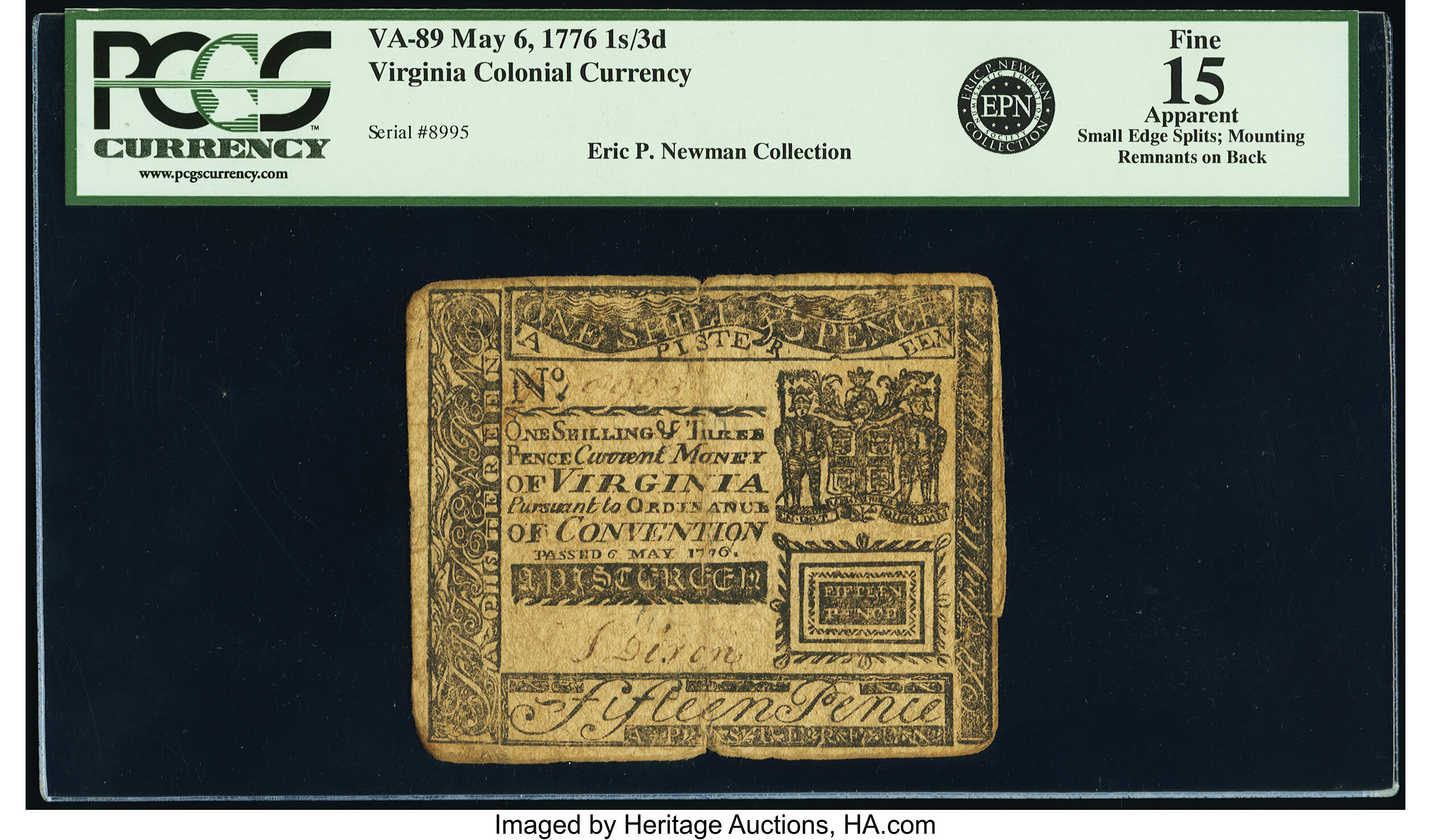 image for: Virginia May 6, 1776 1s 3d PCGS Apparent Fine 15....