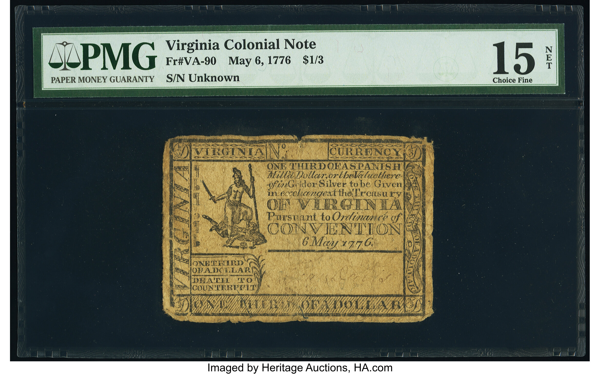 image for: Virginia May 6, 1776 $1/3 PMG Choice Fine 15 Net....
