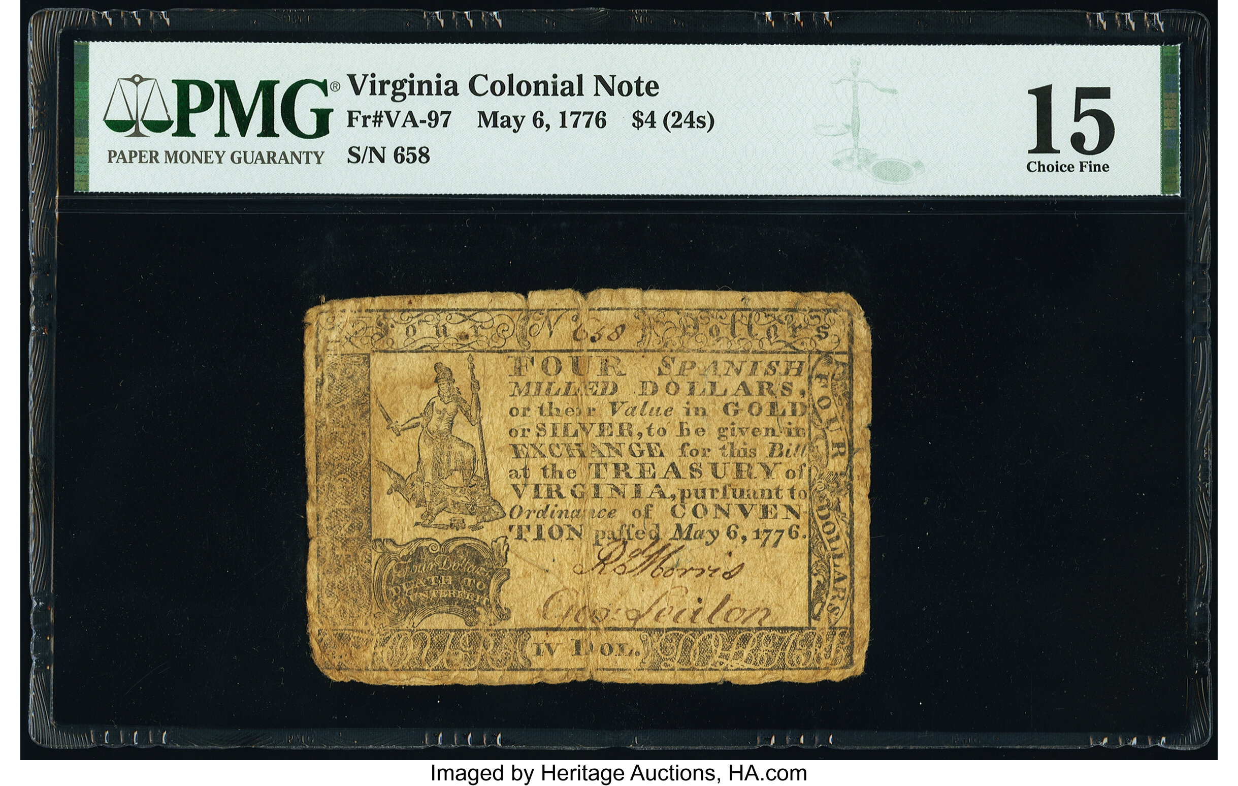 image for: Virginia May 6, 1776 $4 PMG Choice Fine 15....
