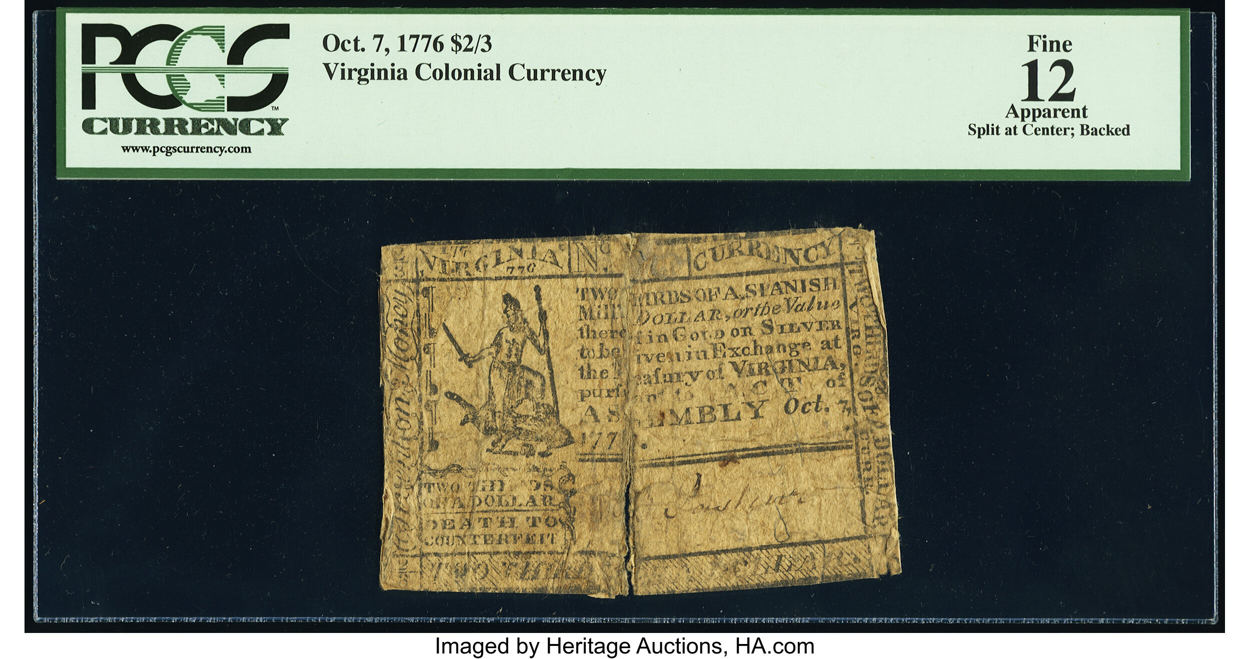 image for: Virginia October 7, 1776 $2/3 PCGS Apparent Fine 12....