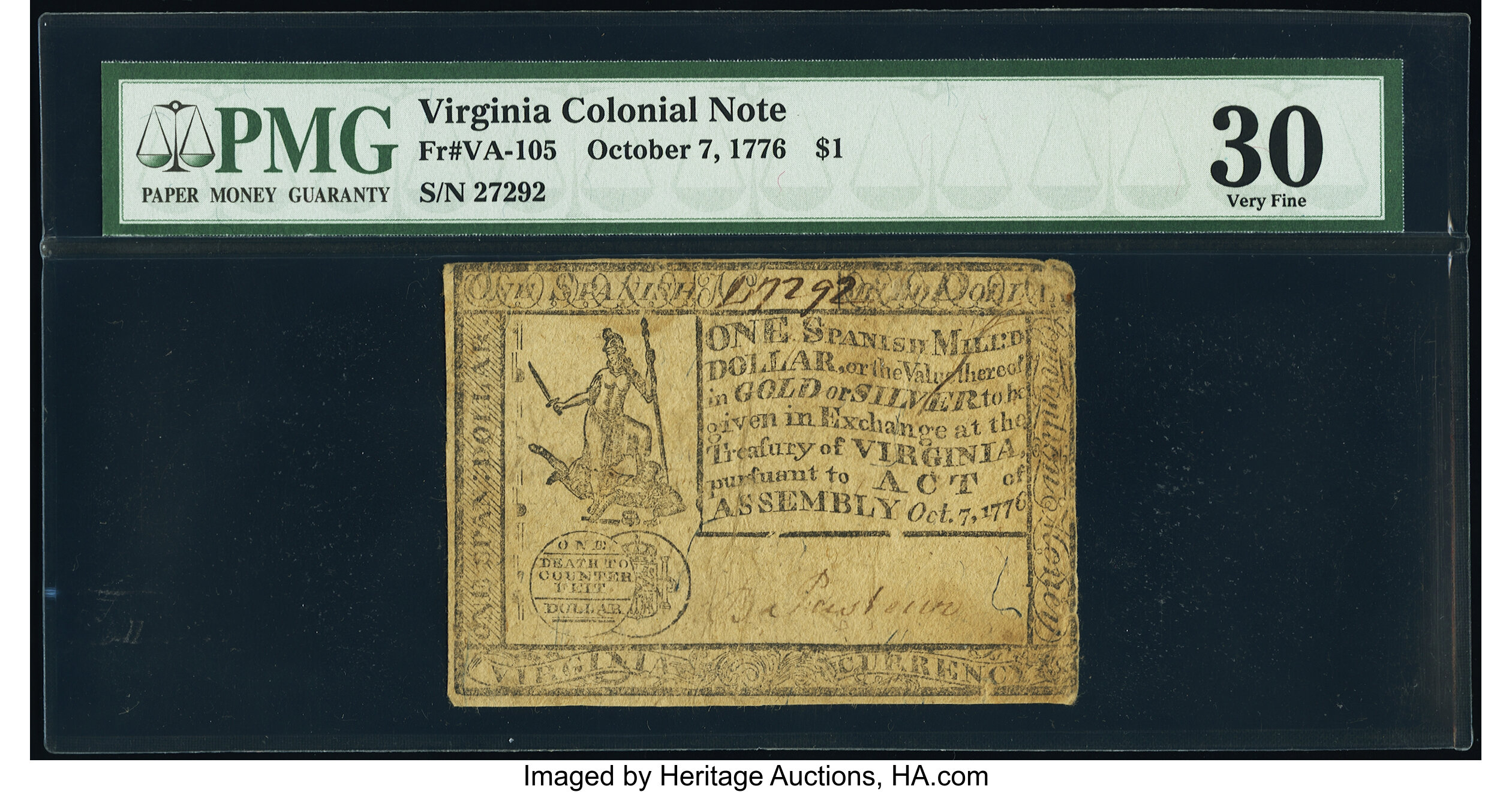 image for: Virginia October 7, 1776 $1 PMG Very Fine 30....