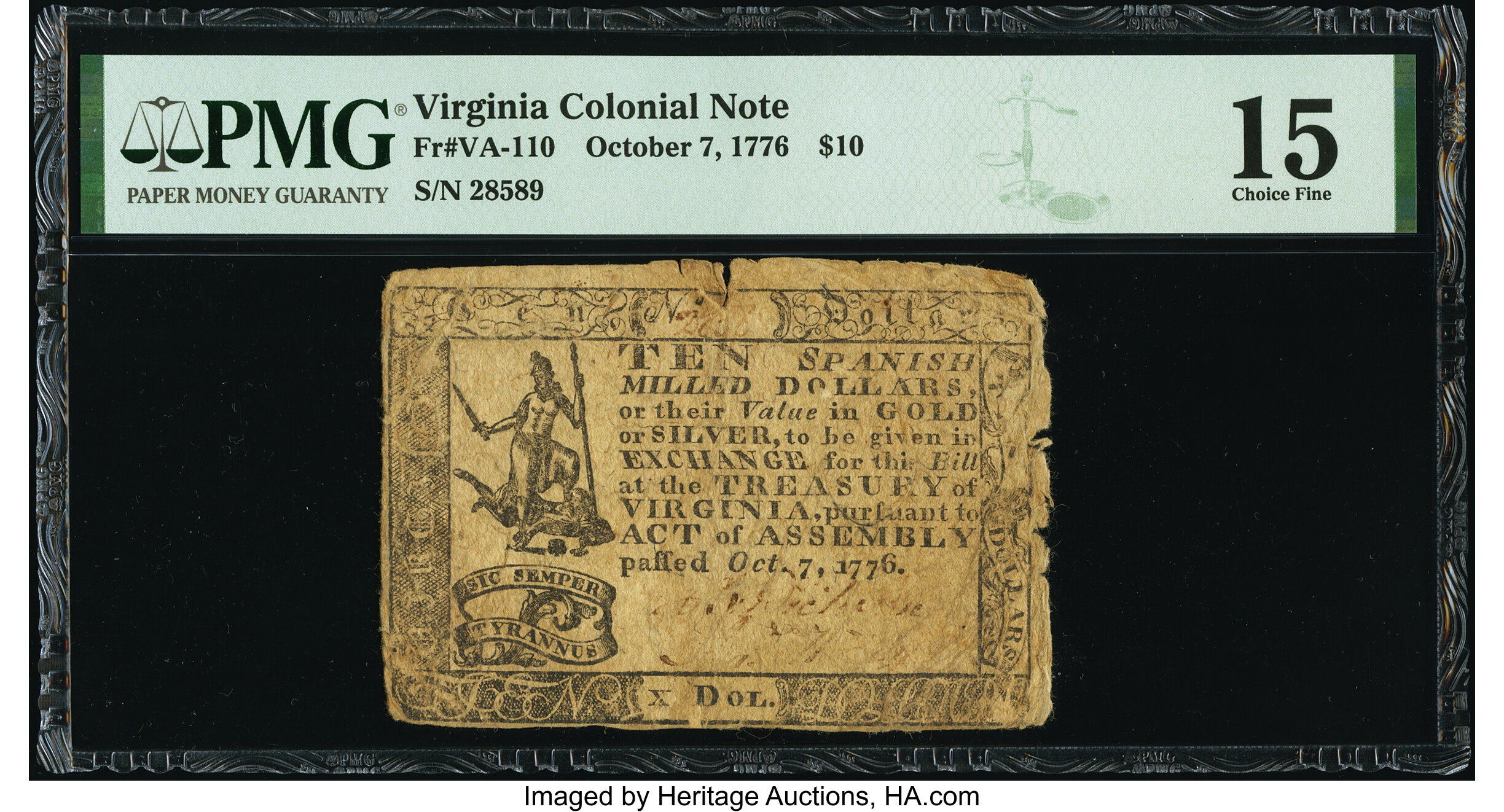 image for: Virginia October 7, 1776 $10 PMG Choice Fine 15....