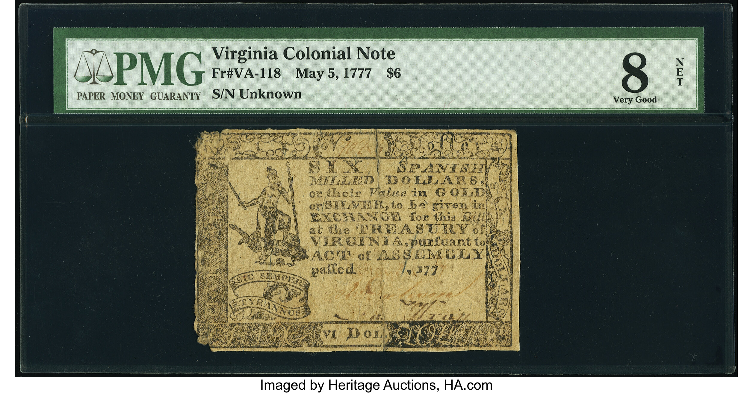 image for: Virginia May 5, 1777 $6 PMG Very Good 8 Net....