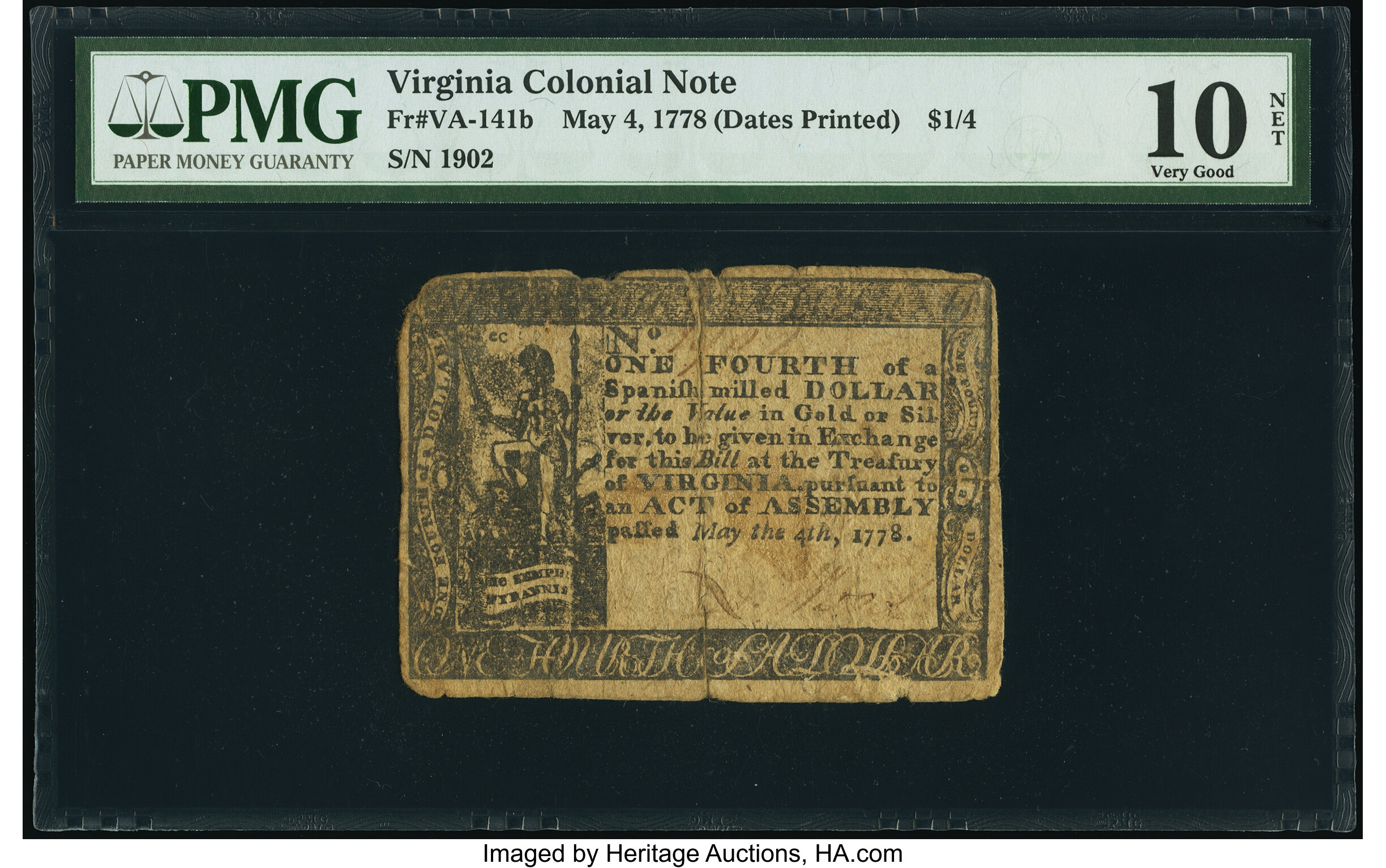 image for: Virginia May 4, 1778 (Dates Printed) $1/4 PMG Very Good 10 Net....