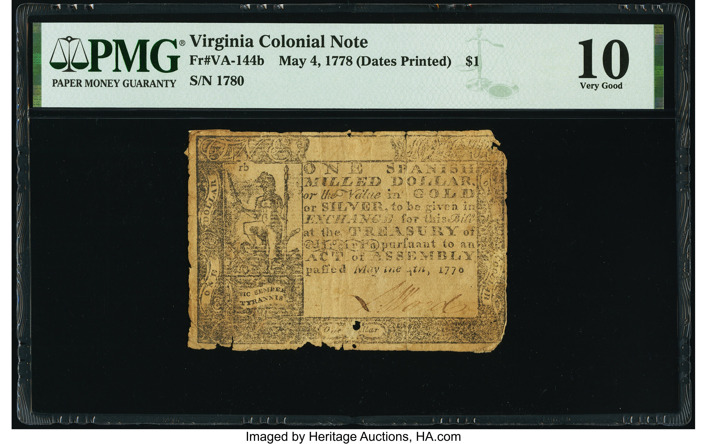 image for: Virginia May 4, 1778 (Dates Printed) $1 PMG Very Good 10....