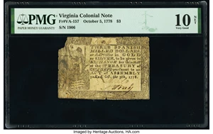 image for: Virginia October 5, 1778 $3 PMG Very Good 10 Net....