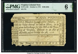 image for: Virginia October 5, 1778 $100 PMG Good 6 Net....