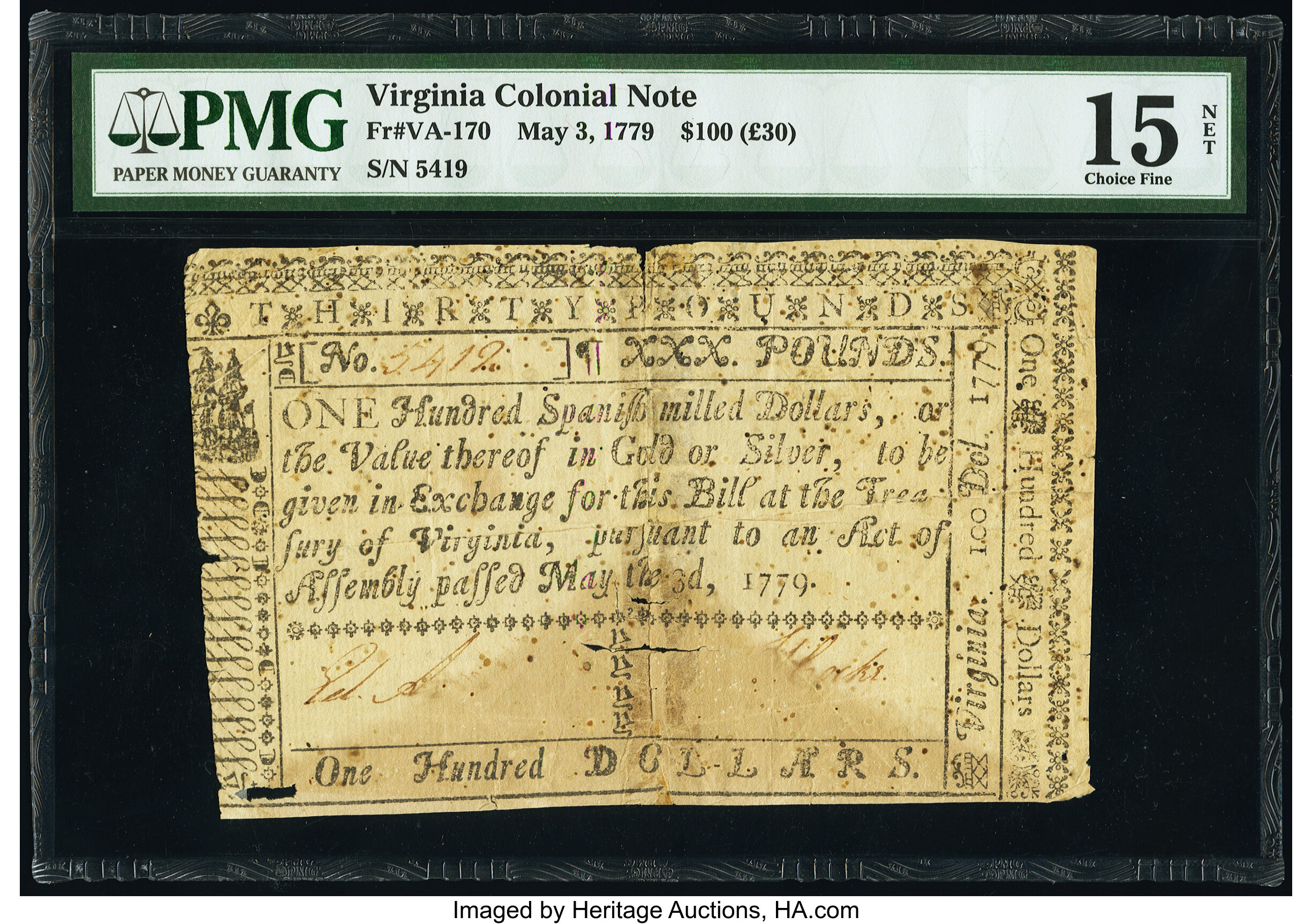 image for: Virginia May 3, 1779 $100 PMG Choice Fine 15 Net....