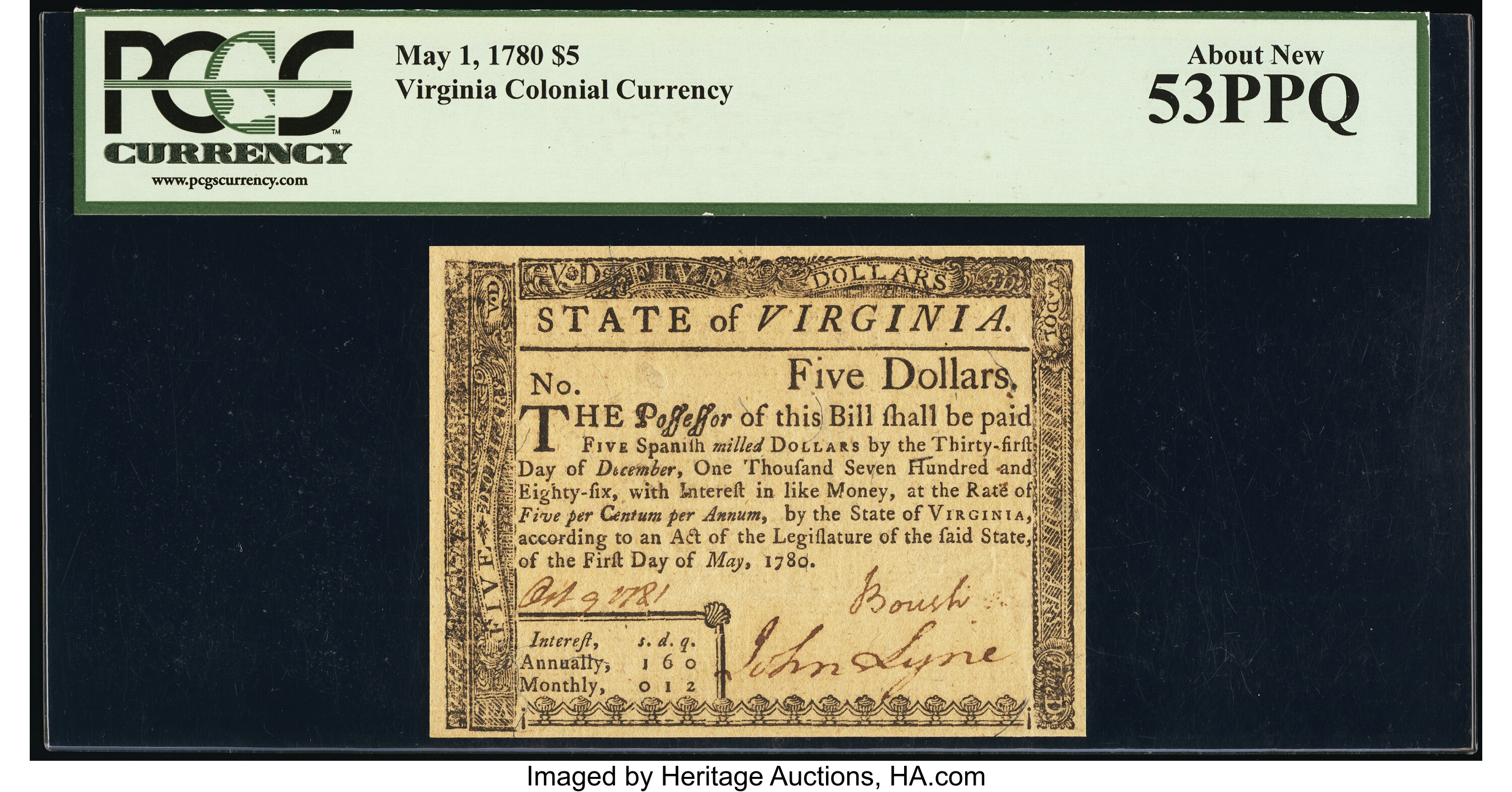 image for: Virginia May 1, 1780 $5 PCGS About New 53PPQ....