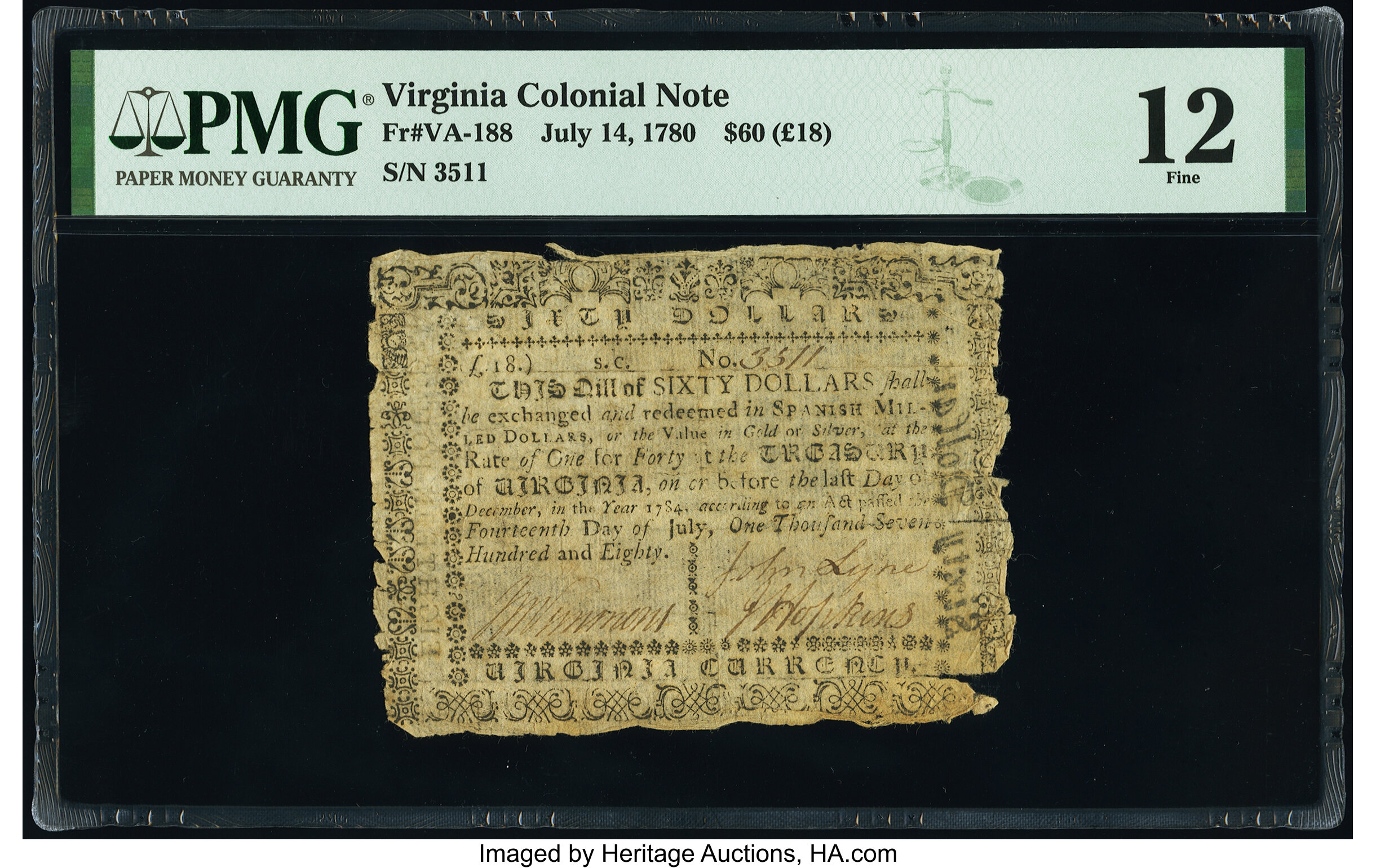 image for: Virginia July 14, 1780 $60 PMG Fine 12....