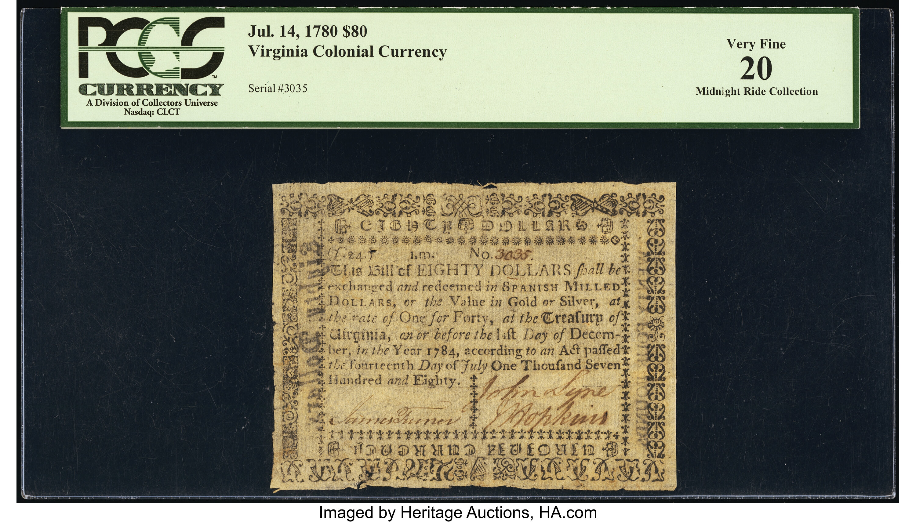 image for: Virginia July 14, 1780 $80 PCGS Very Fine 20....