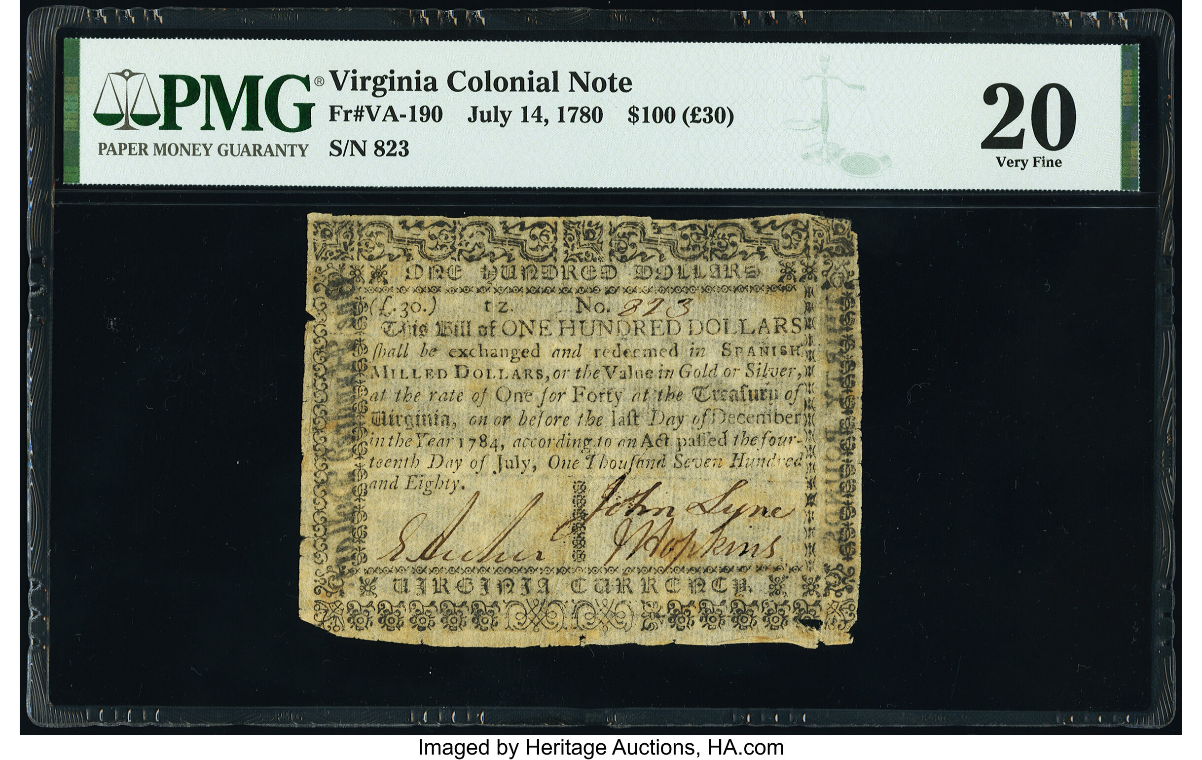 image for: Virginia July 14, 1780 $100 PMG Very Fine 20....