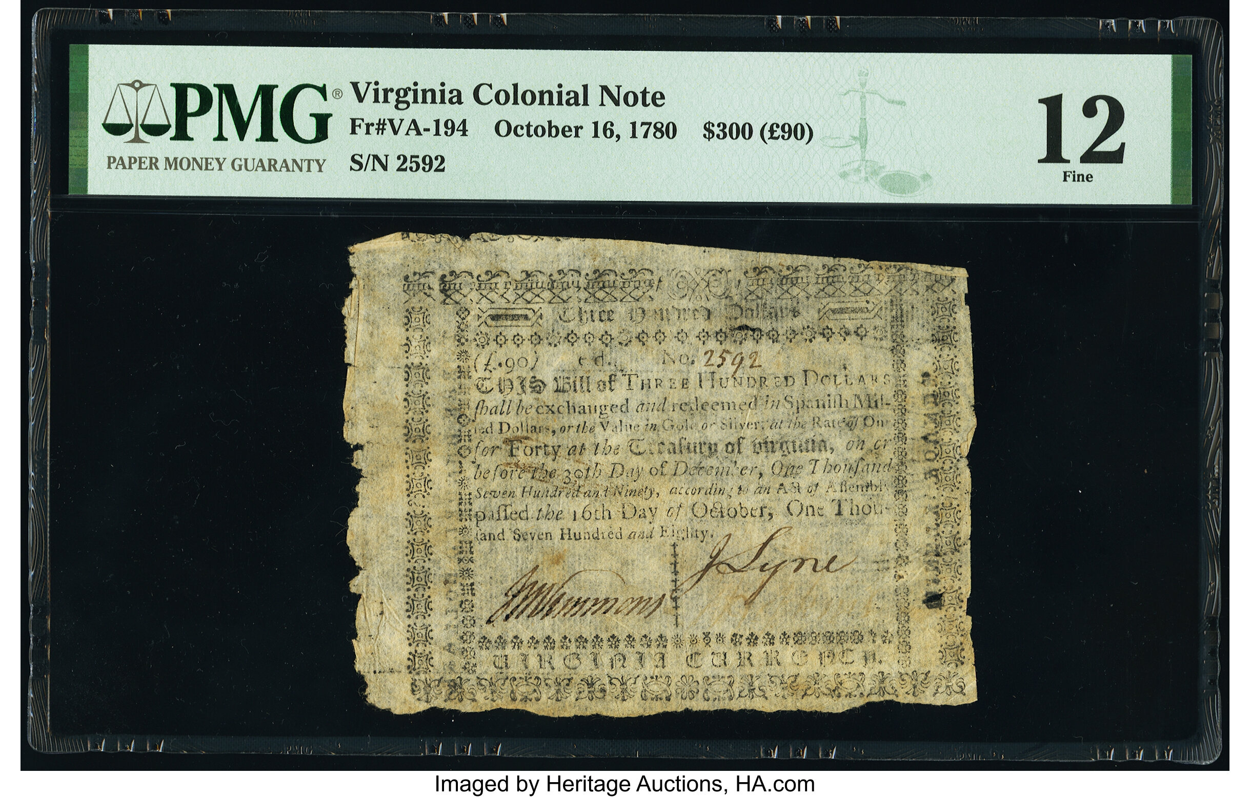 image for: Virginia October 16, 1780 $300 PMG Fine 12....