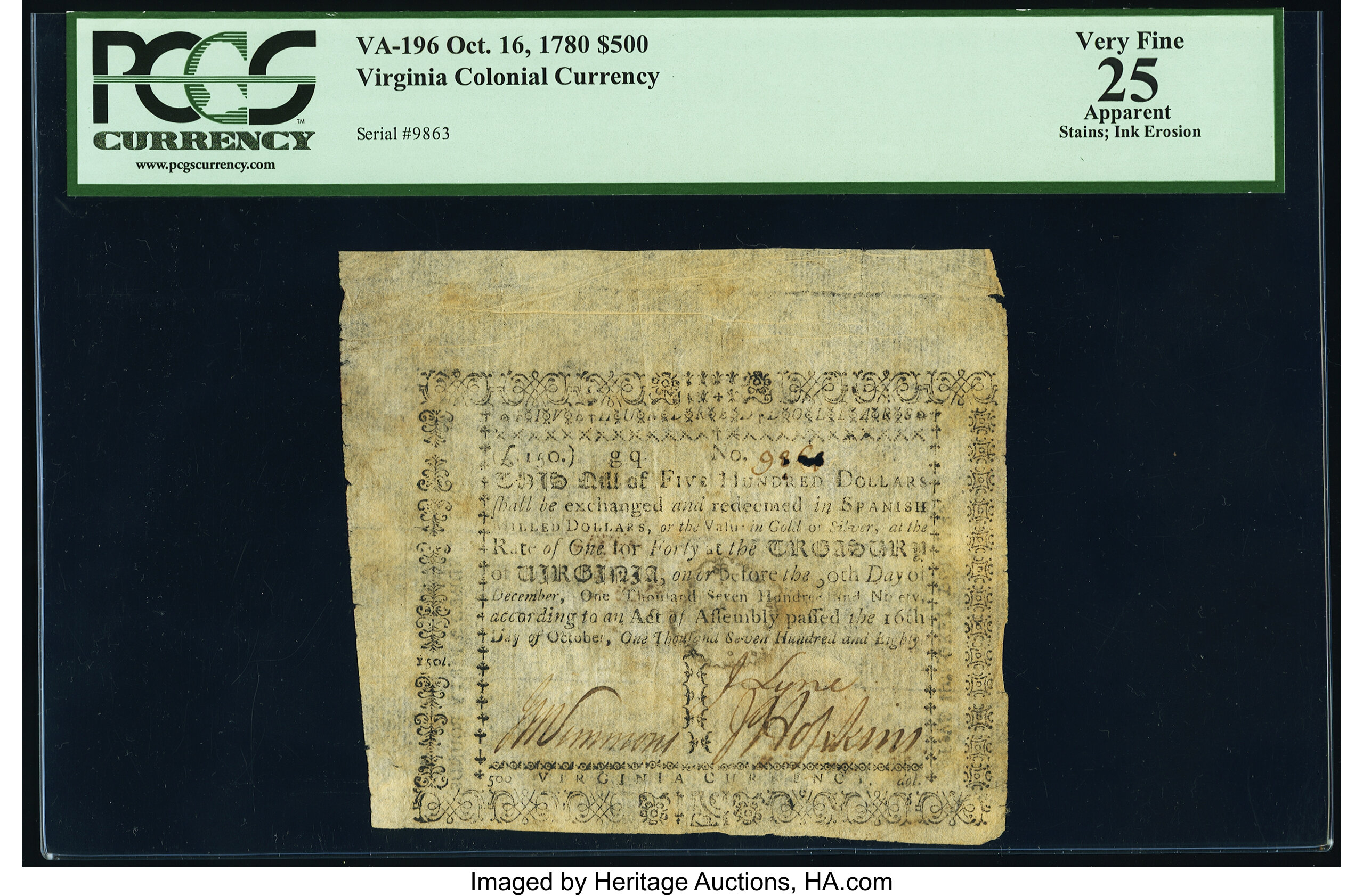 image for: Virginia October 16, 1780 $500 PCGS Apparent Very Fine 25....