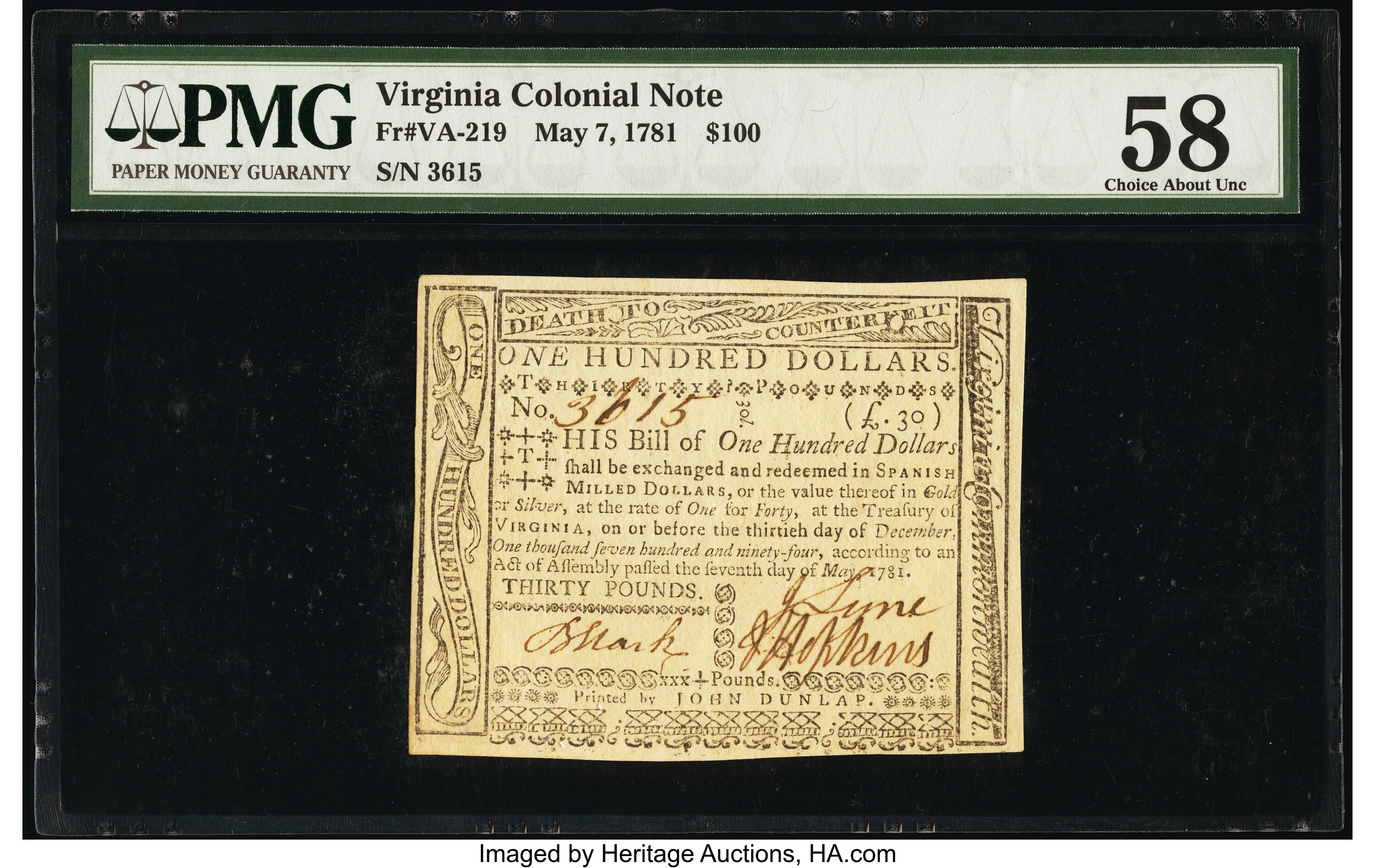 image for: Virginia May 7, 1781 $100 PMG Choice About Unc 58....
