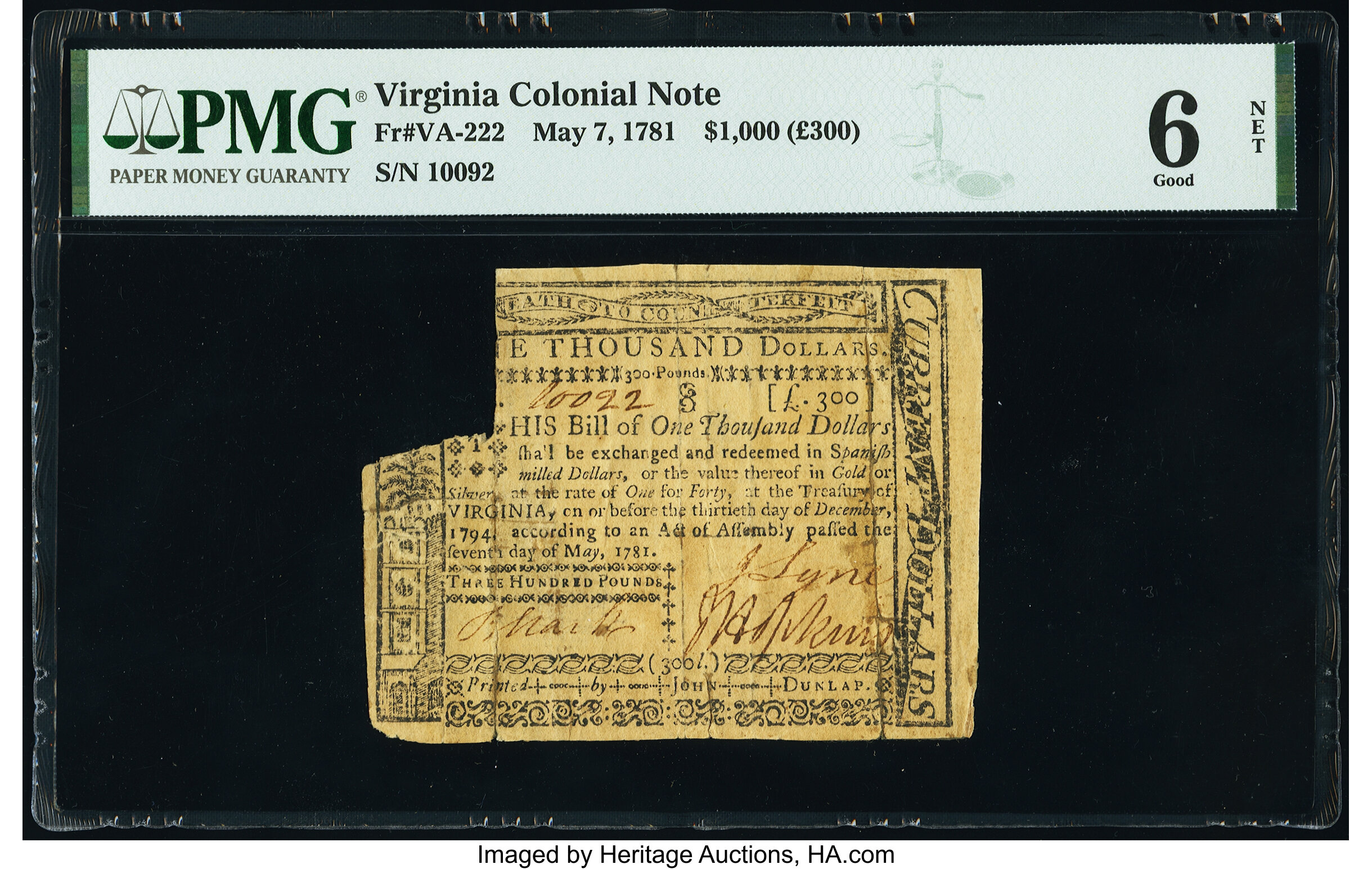 image for: Virginia May 7, 1781 $1,000 PMG Good 6 Net....