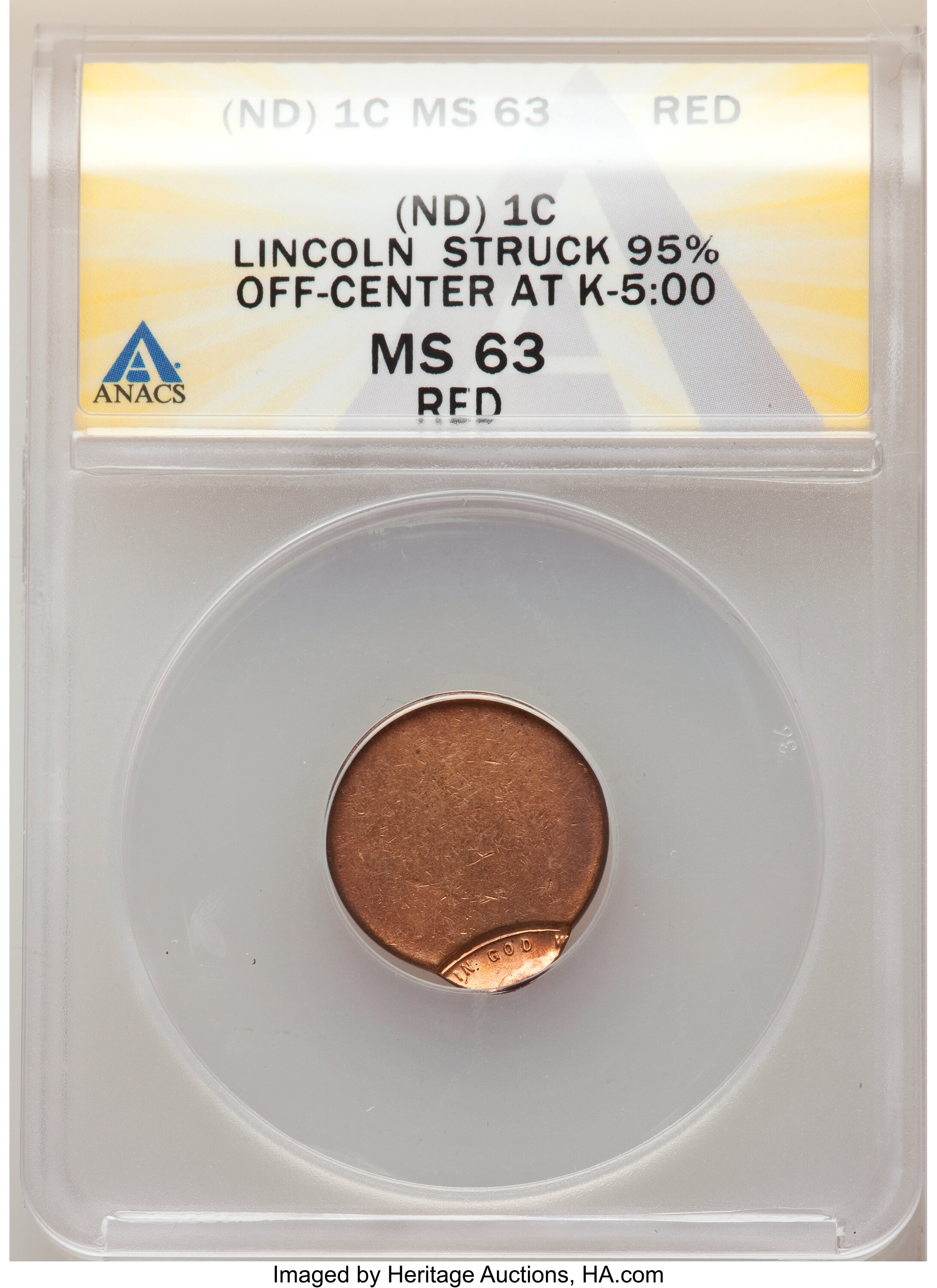 image for: Undated 1C Lincoln Cent -- Struck 95% Off Center @5:00 -- MS63 Red ANACS.From the Don Bonser Error Coin Collection Pa...