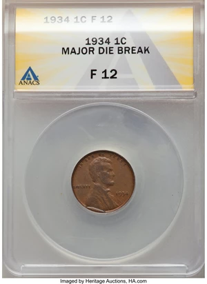 image for: 1934 1C Lincoln Cent -- Major Die Break -- Fine 12 ANACS.From the Don Bonser Error Coin Collection Part IV....