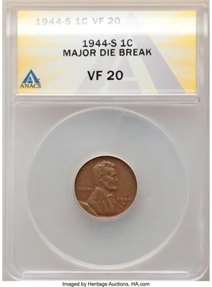 image for: 1944-S 1C Lincoln Cent -- Major Die Break -- VF20 ANACS.From the Don Bonser Error Coin Collection Part IV....