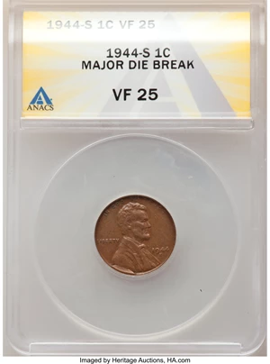 image for: 1944-S 1C Lincoln Cent -- Major Die Break -- VF25 ANACS.From the Don Bonser Error Coin Collection Part IV....