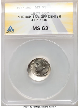 image for: 1977 10C Roosevelt Dime - Struck 15% Off Center @1:00 -- MS63 ANACS.From the Don Bonser Error Coin Collection Part IV...
