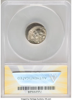 image for: 1977 10C Roosevelt Dime - Struck 15% Off Center @1:00 -- MS63 ANACS.From the Don Bonser Error Coin Collection Part IV...