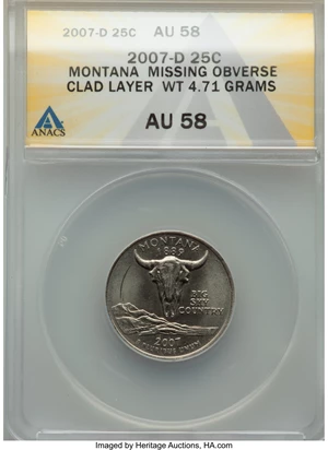 image for: 2007-D 25C Montana Statehood Quarter -- Missing Obverse Clad Layer -- AU58 ANACS. (4.71 grams).From the Don Bons...