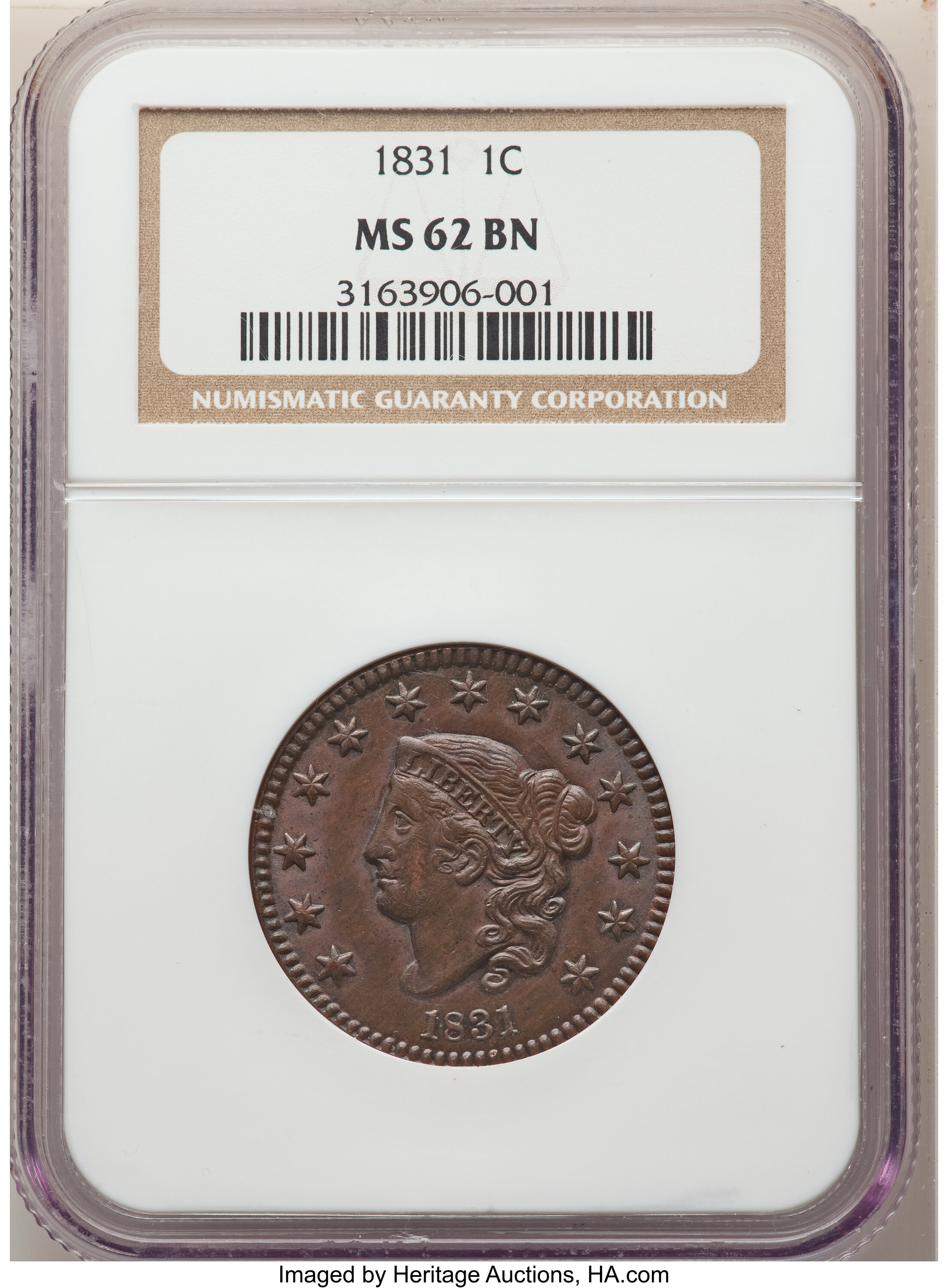image for: 1831 1C Large Letters, N-7, R.1, MS62 Brown NGC. NGC Census: (3/11). PCGS Population: (3/8). MS62. ...