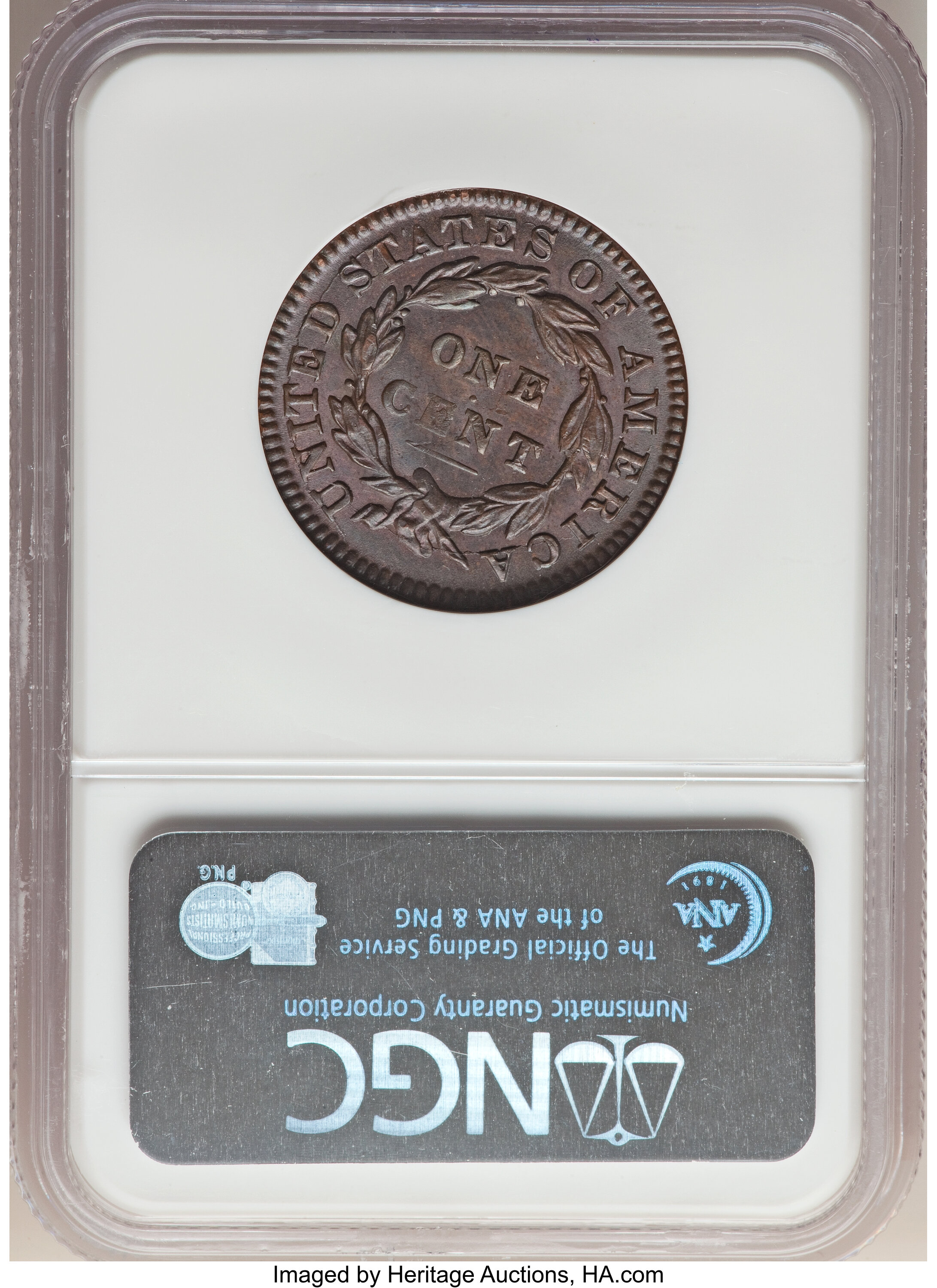 image for: 1831 1C Large Letters, N-7, R.1, MS62 Brown NGC. NGC Census: (3/11). PCGS Population: (3/8). MS62. ...