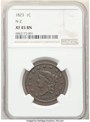 image for: 1823 1C N-2, R.2, XF45 NGC. NGC Census: (9/6). PCGS Population: (1/5). XF45. Mintage 1,262,000. ...