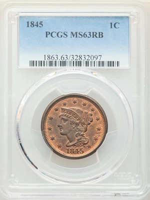 image for: 1845 1C MS63 Red and Brown PCGS. PCGS Population: (11/27). NGC Census: (1/19). CDN: $1,100 Whsle. Bid for NGC/PCGS MS63. Mi...
