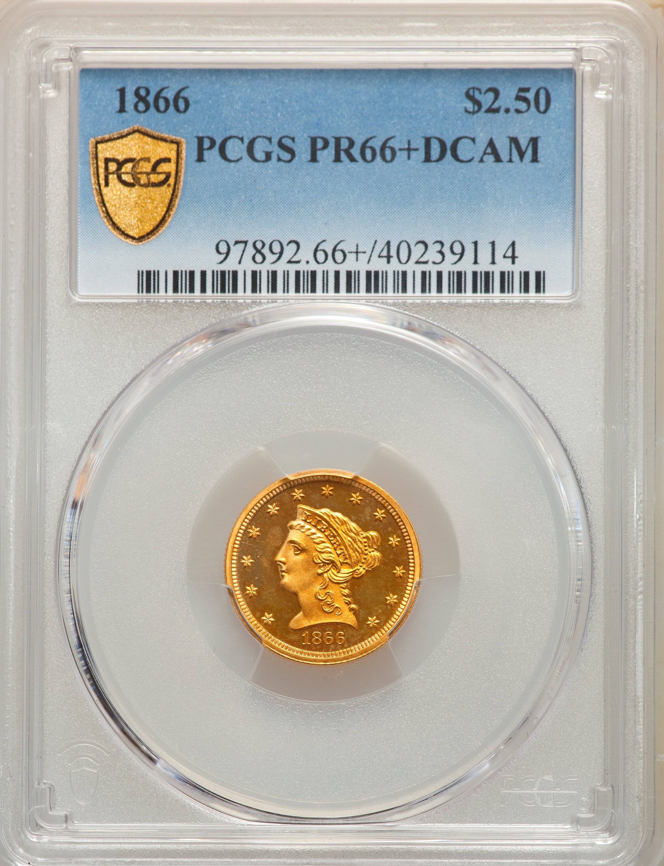 image for: 1866 $2 1/2 PR66+ Deep Cameo PCGS. JD-1, High R.6....