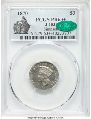 image for: 1870 $3 Three Dollars, Judd-1031, Pollock-1166, R.8, PR63+ PCGS. CAC....