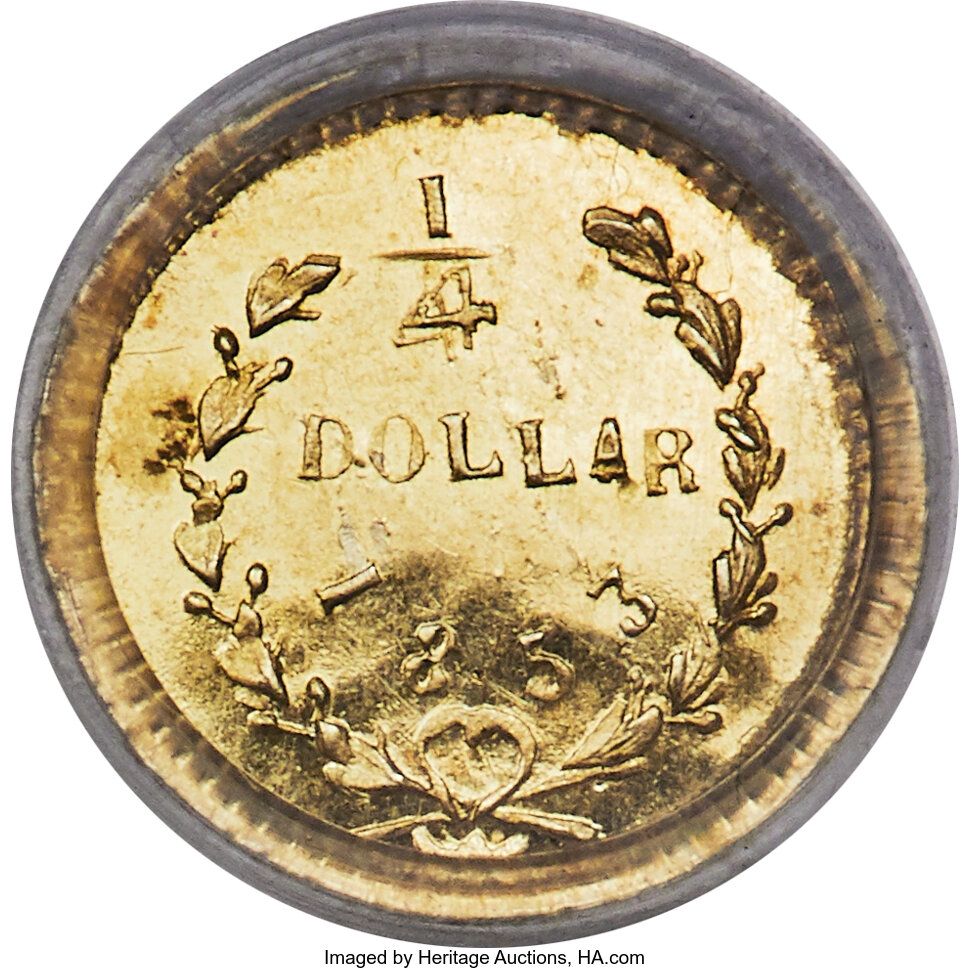 image for: 1853 25C Liberty Round 25 Cents, BG-214, Low R.7, MS64 PCGS....