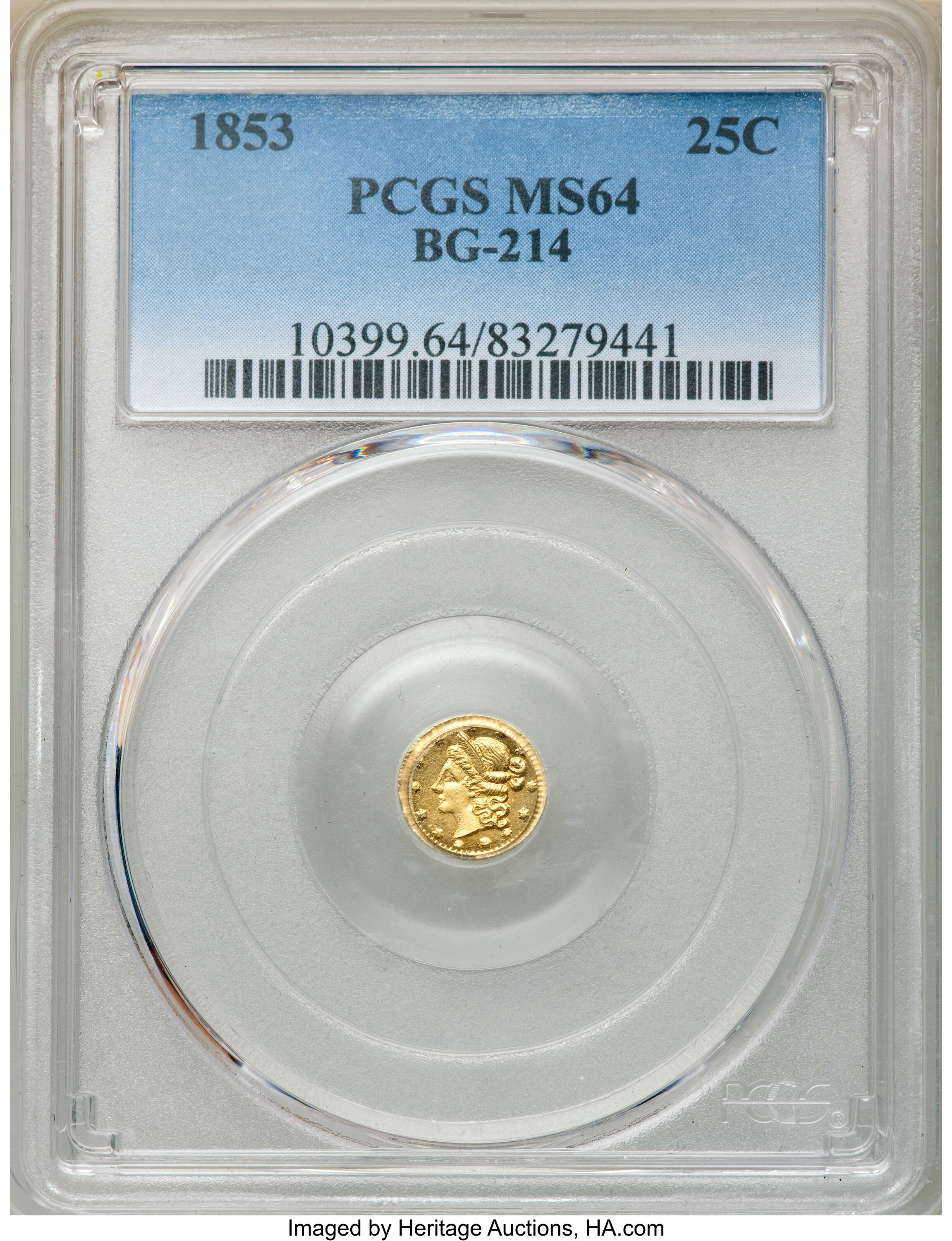 image for: 1853 25C Liberty Round 25 Cents, BG-214, Low R.7, MS64 PCGS....