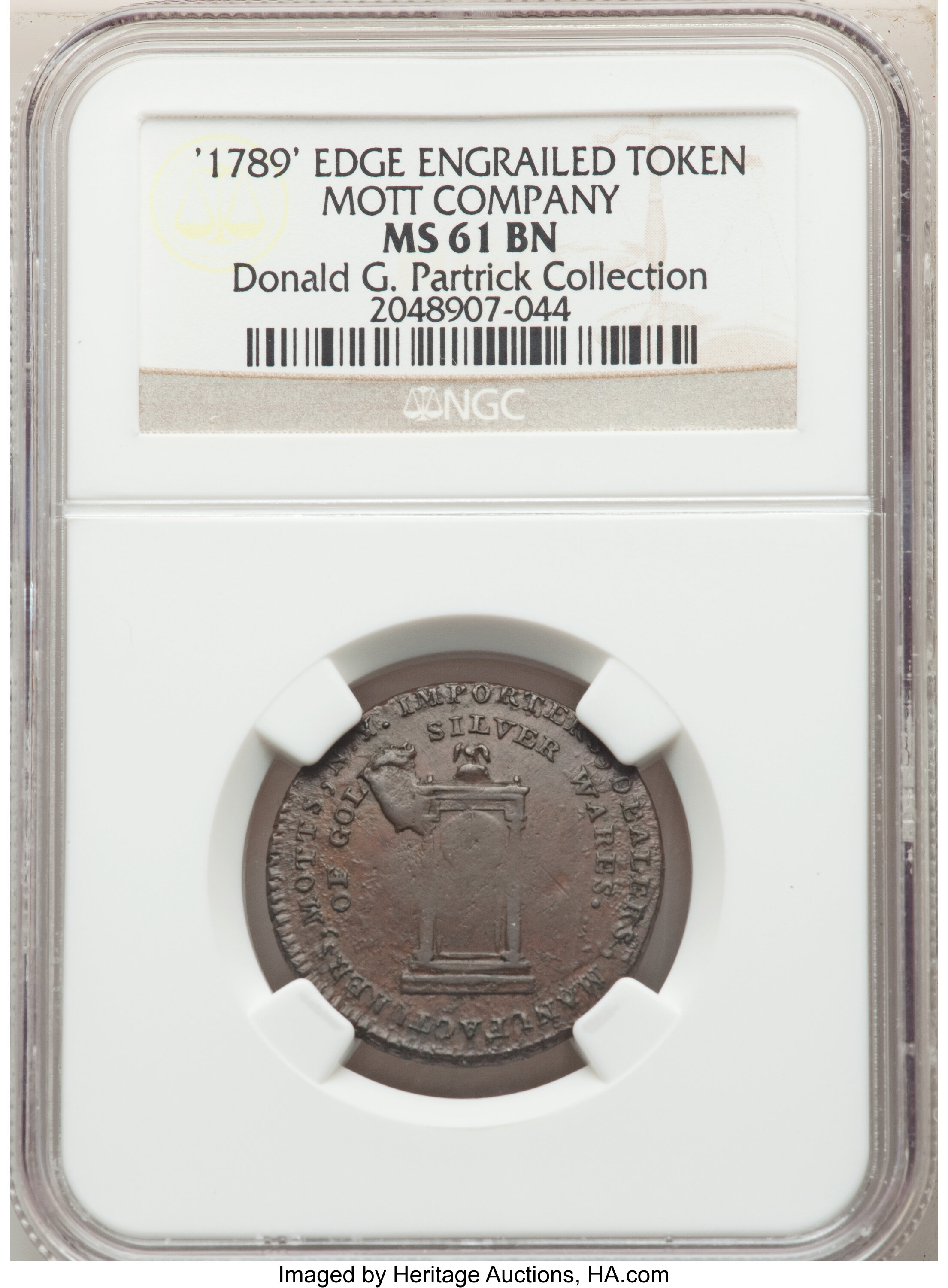 image for: 1789 TOKEN Mott Token, Thin Planchet, Engrailed Edge MS61 Brown NGC. NGC Census: (1/3). PCGS Population: (0/5).  From...