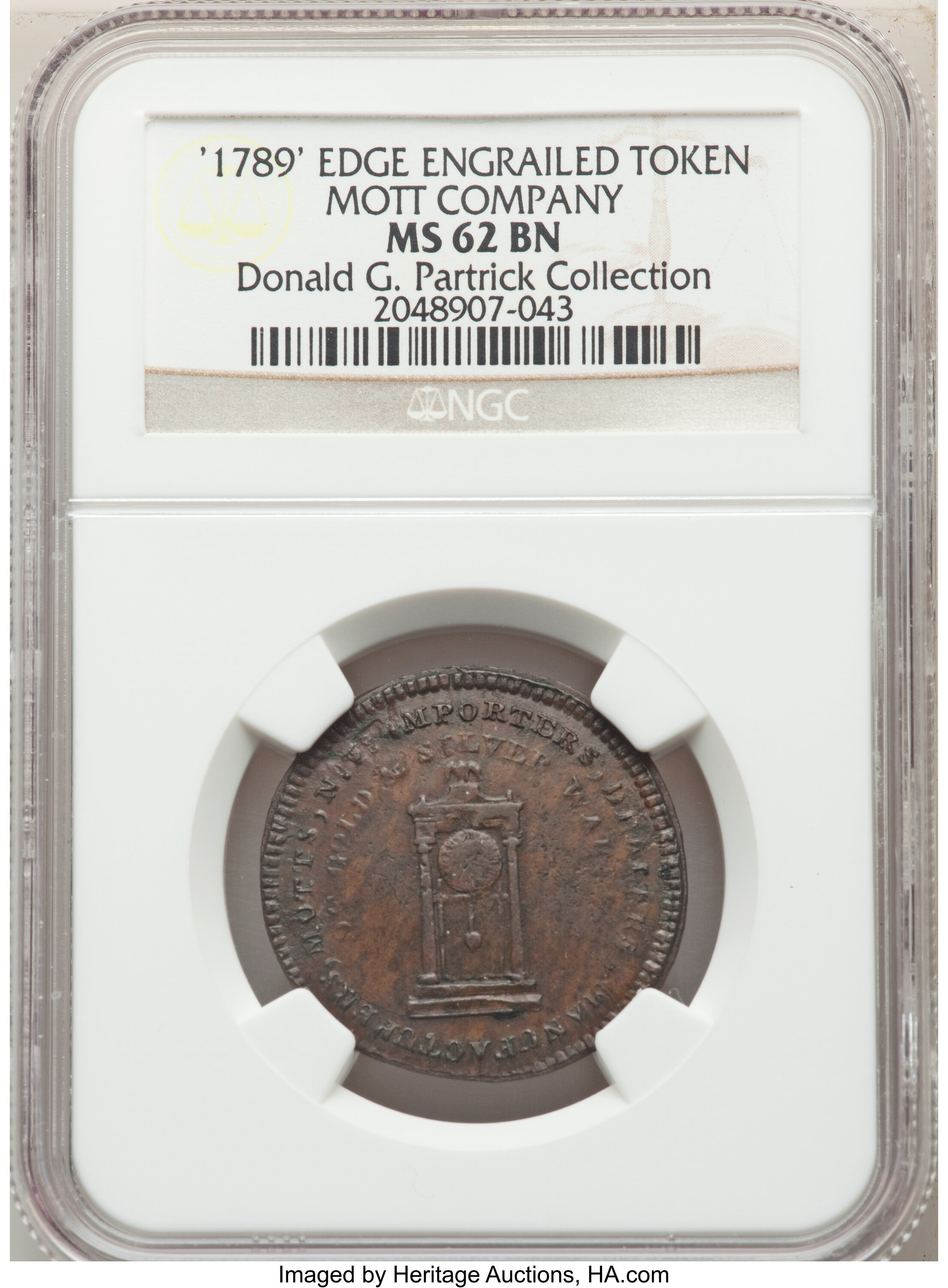 image for: 1789 TOKEN Mott Token, Thin Planchet, Engrailed Edge MS62 Brown NGC. NGC Census: (2/1). PCGS Population: (5/0). CDN: $2,100...