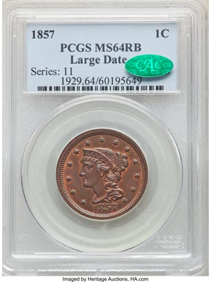 image for: 1857 1C Large Date MS64 Red and Brown PCGS. CAC. PCGS Population: (29/1). NGC Census: (18/8). CDN: $1,100 Whsle. Bid for NG...