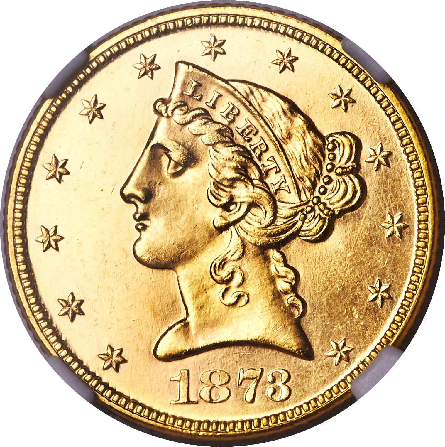 image for: 1873 $5 Closed 3, SP64 NGC....