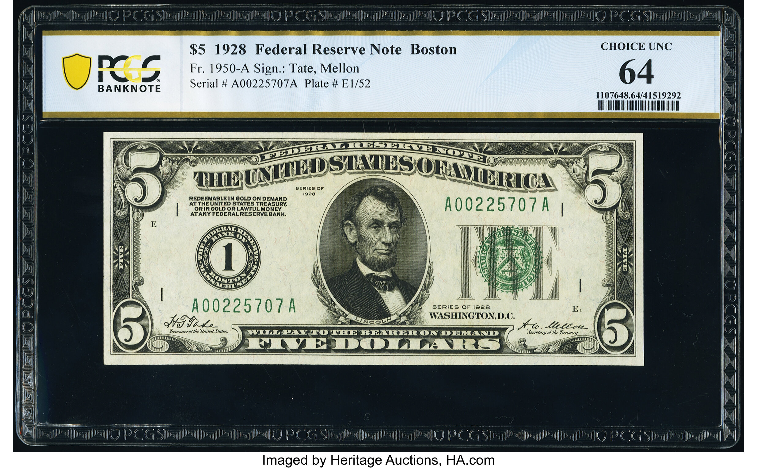 Fr. 1950-A $5 1928 Federal Reserve Note. PCGS Banknote Choice Unc 64. ...