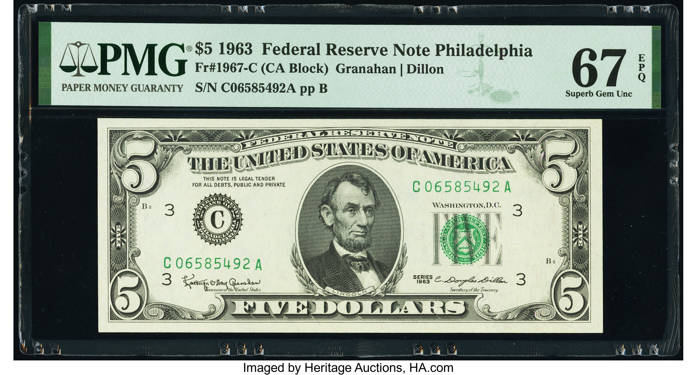 image for: Fr. 1967-C $5 1963 Federal Reserve Note. PMG Superb Gem Unc 67 EPQ....
