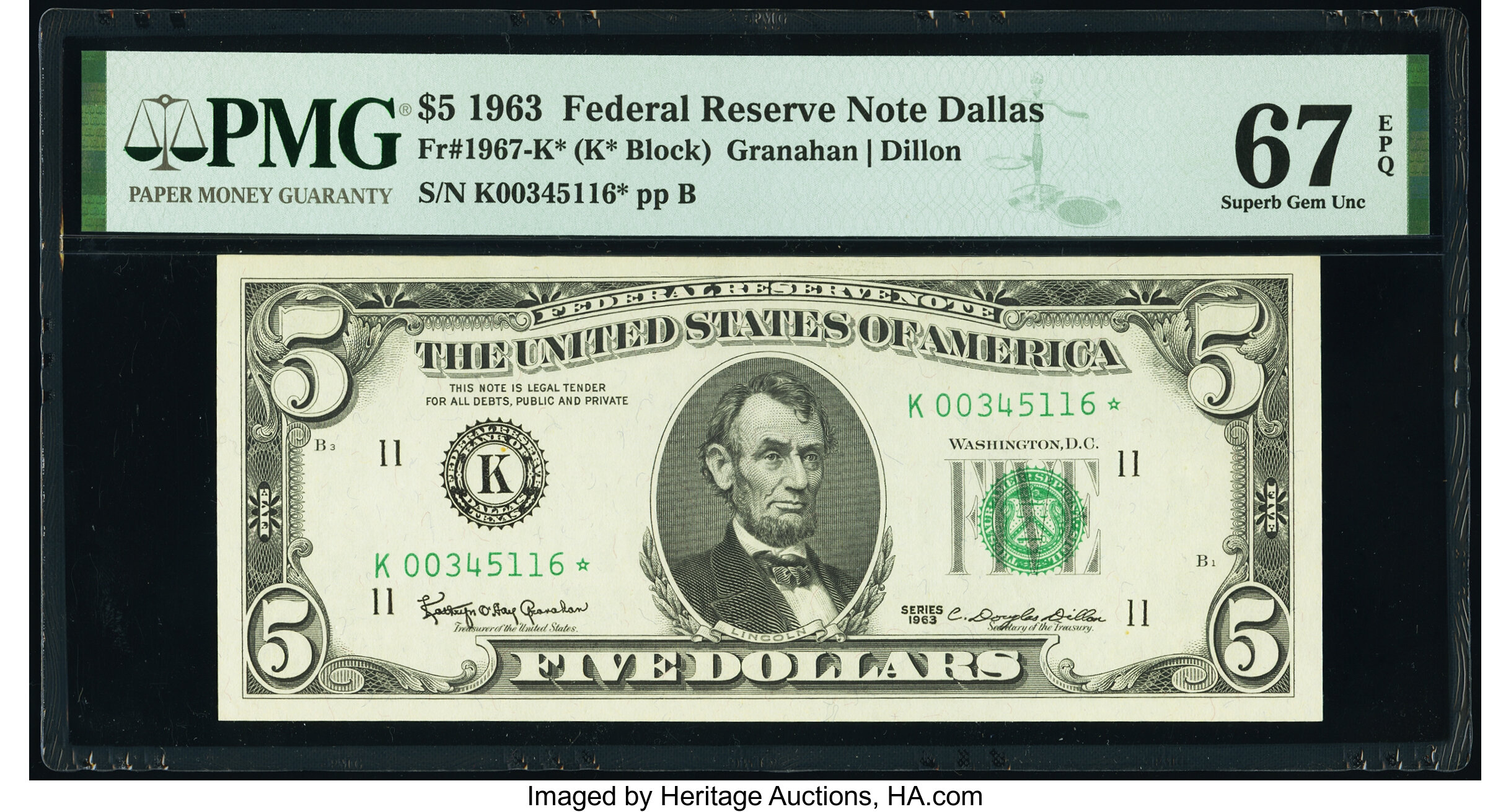 image for: Fr. 1967-K* $5 1963 Federal Reserve Star Note. PMG Superb Gem Unc 67 EPQ....
