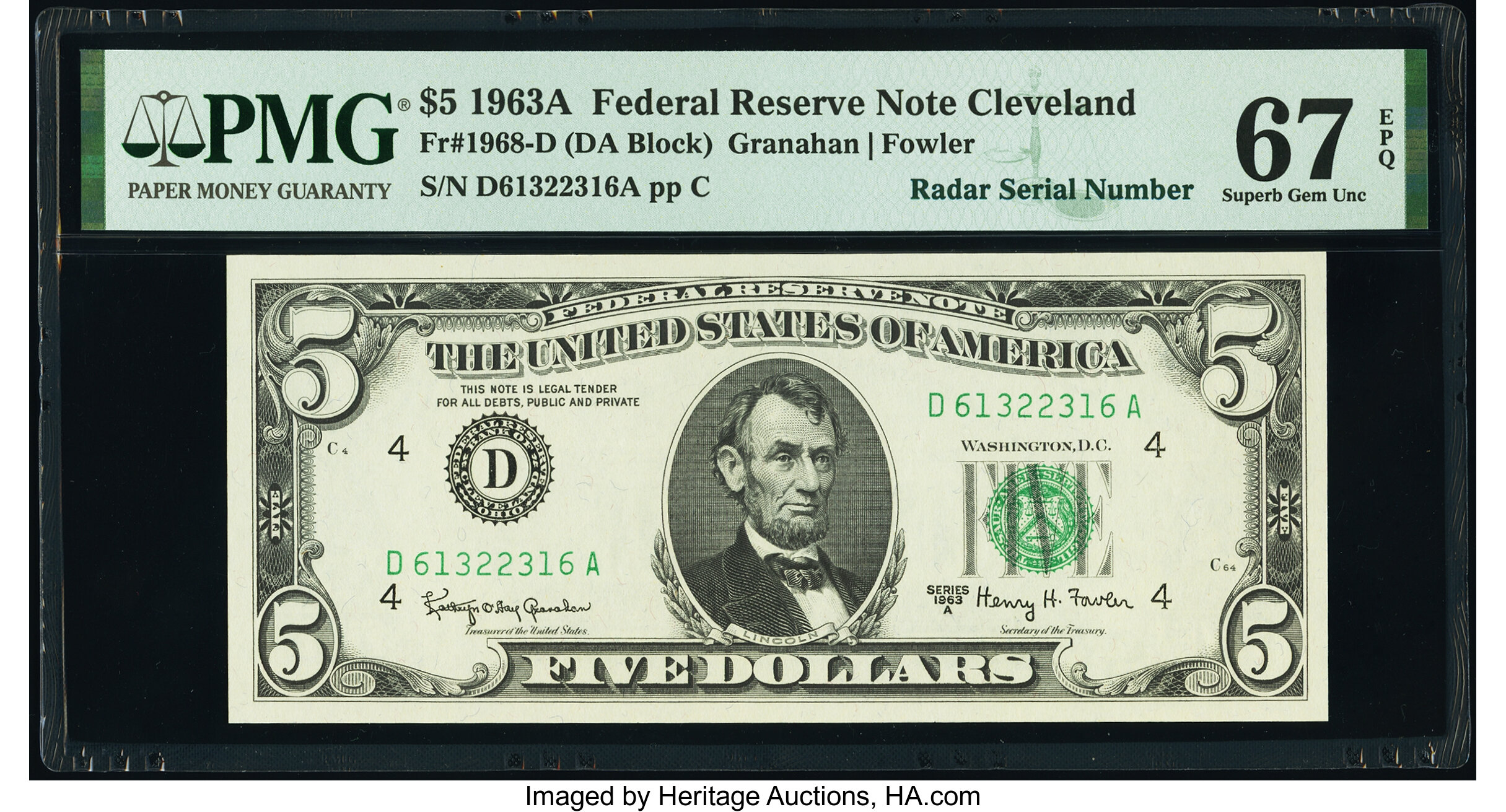 image for: Radar Serial Number 61322316 Fr. 1968-D $5 1963A Federal Reserve Note. PMG Superb Gem Unc 67 EPQ....