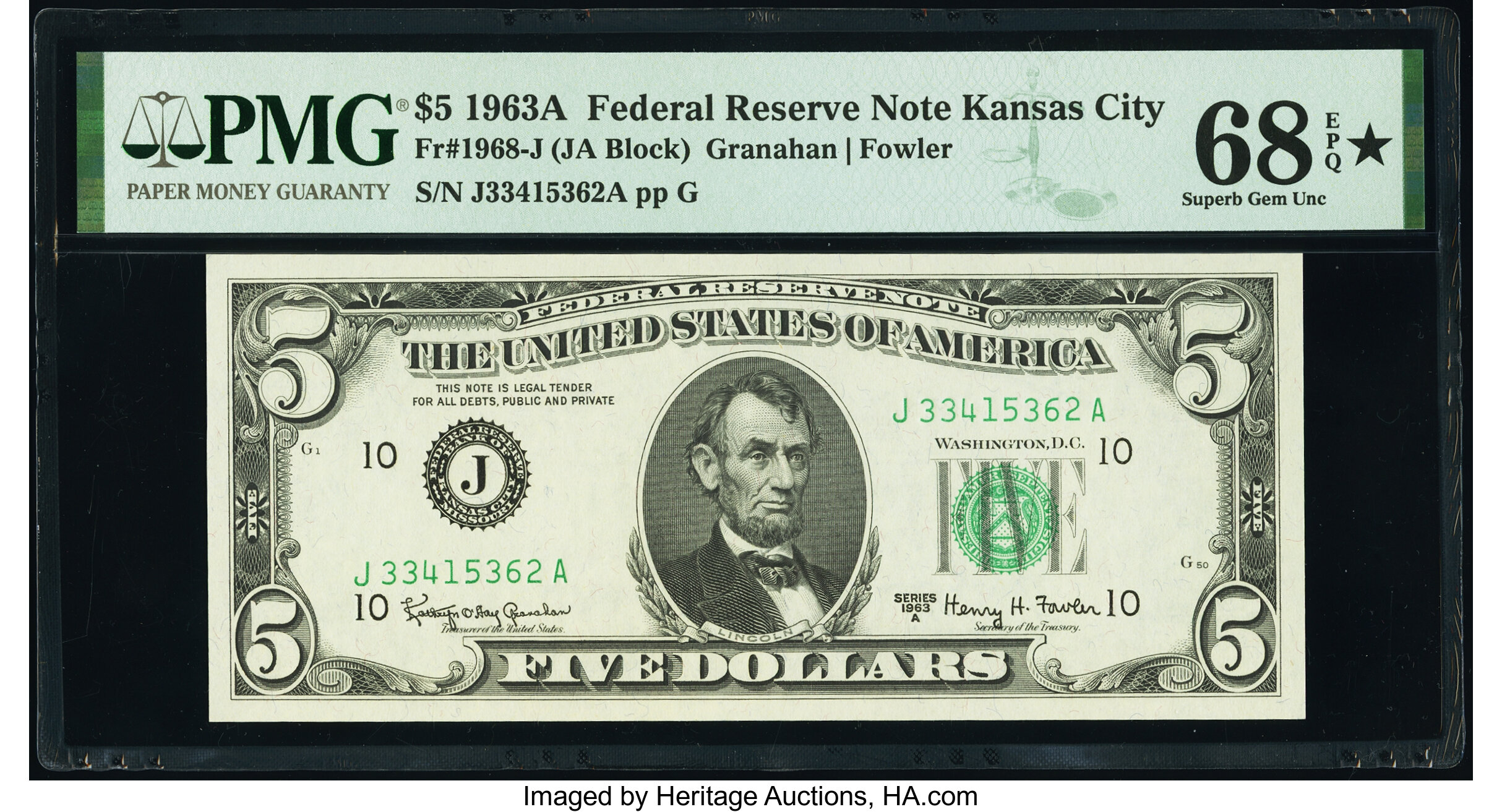 image for: Fr. 1968-J $5 1963A Federal Reserve Note. PMG Superb Gem Unc 68 EPQ*....