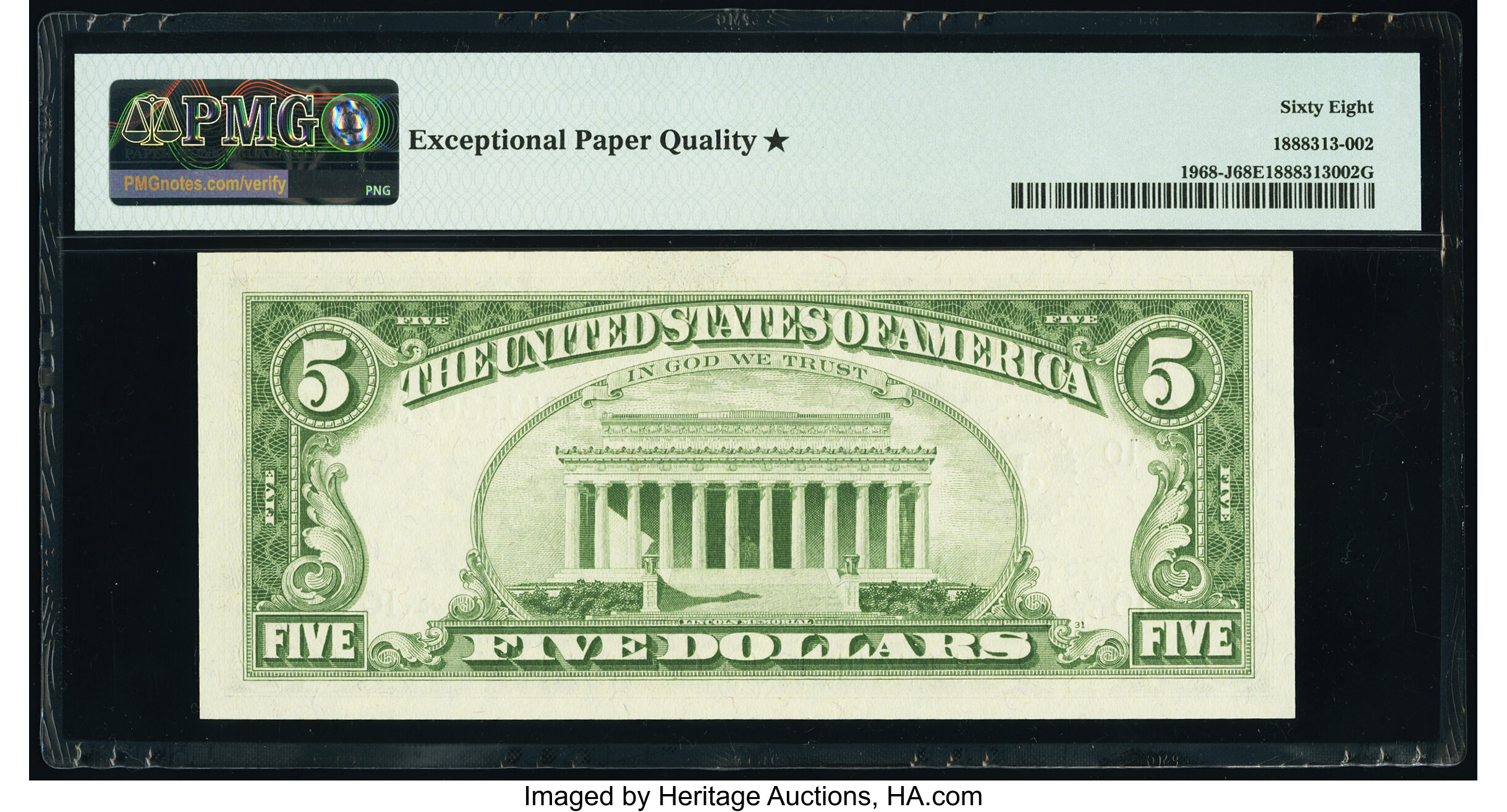 image for: Fr. 1968-J $5 1963A Federal Reserve Note. PMG Superb Gem Unc 68 EPQ*....