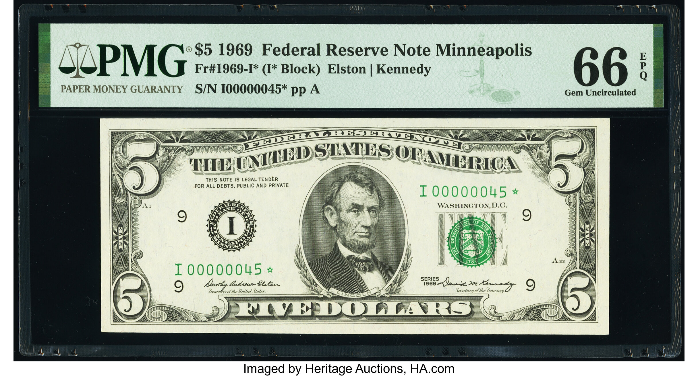 image for: Low Serial Number 45 Fr. 1969-I* $5 1969 Federal Reserve Star Note. PMG Gem Uncirculated 66 EPQ....