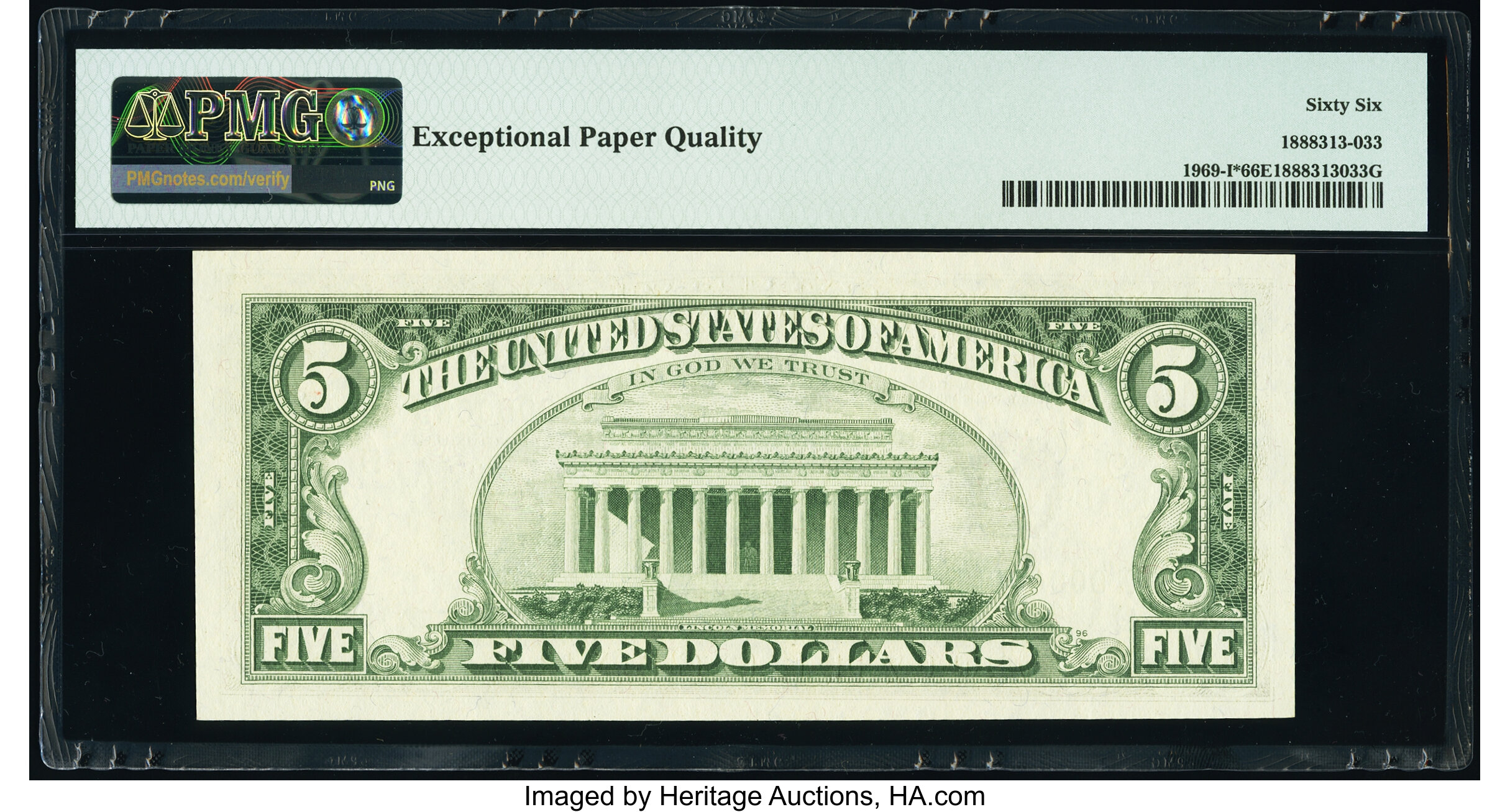 image for: Low Serial Number 45 Fr. 1969-I* $5 1969 Federal Reserve Star Note. PMG Gem Uncirculated 66 EPQ....