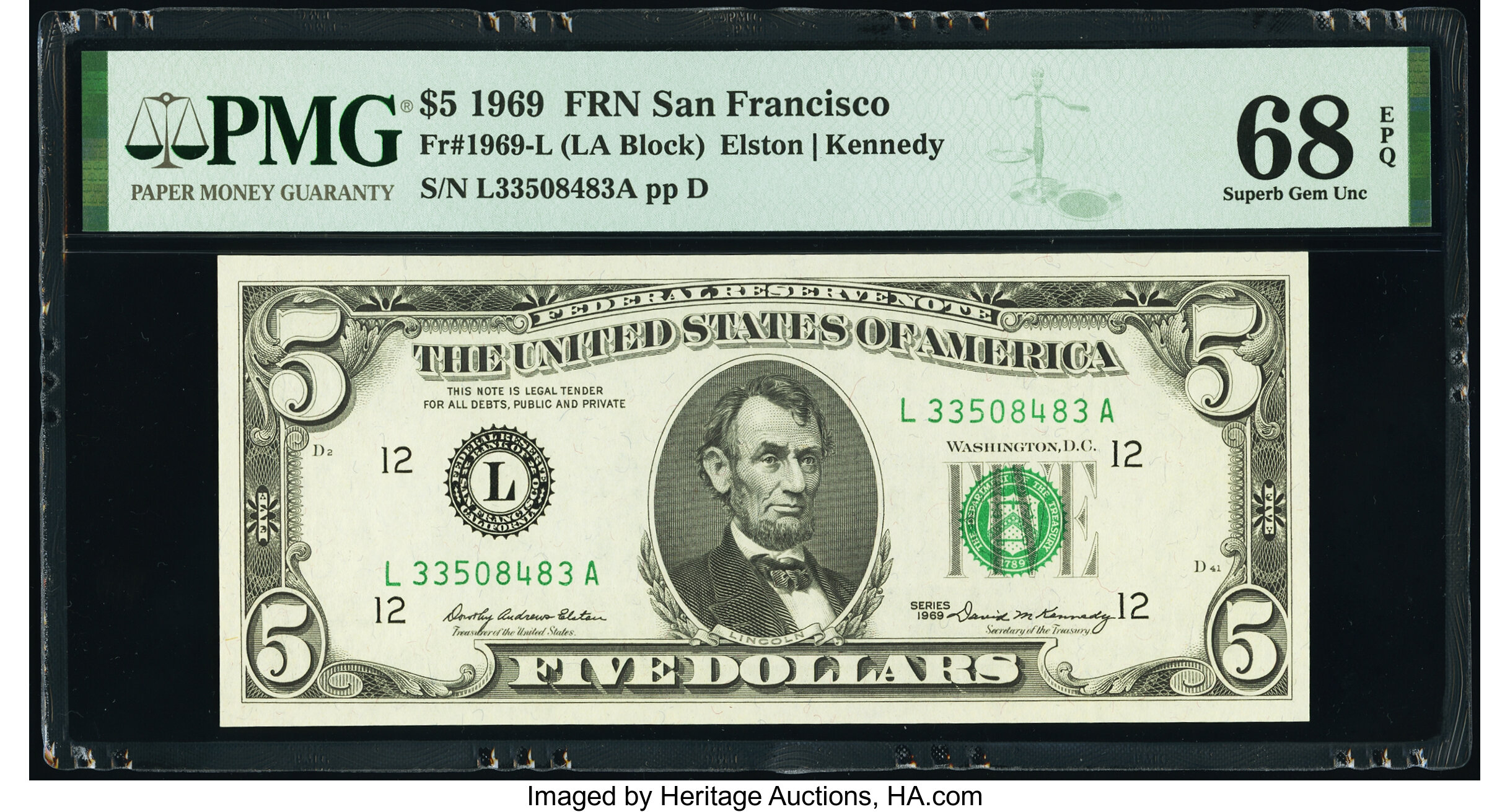 image for: Fr. 1969-L $5 1969 Federal Reserve Note. PMG Superb Gem Unc 68 EPQ....