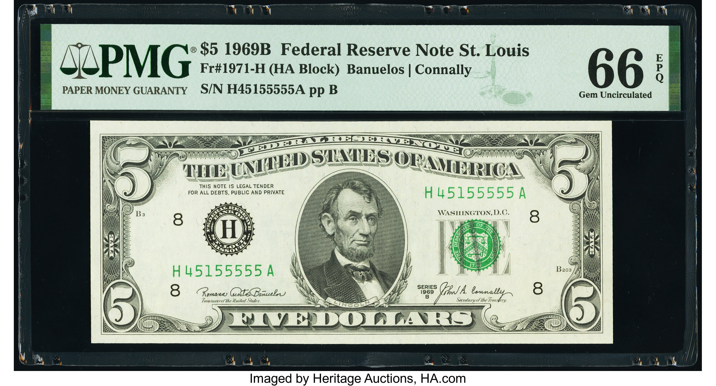 image for: Fr. 1971-H $5 1969B Federal Reserve Note. PMG Gem Uncirculated 66 EPQ....