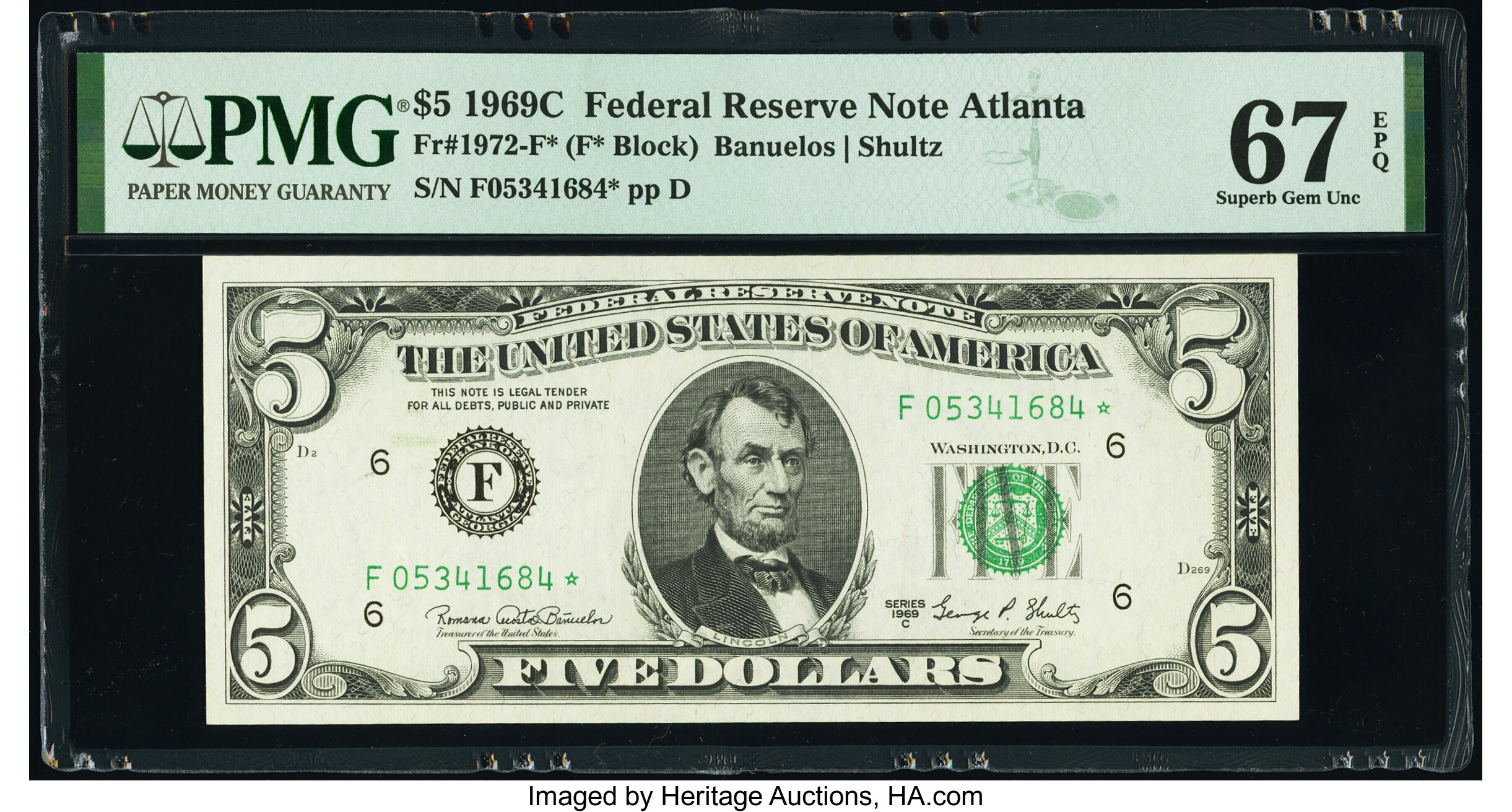 image for: Fr. 1972-F* $5 1969C Federal Reserve Star Note. PMG Superb Gem Unc 67 EPQ....